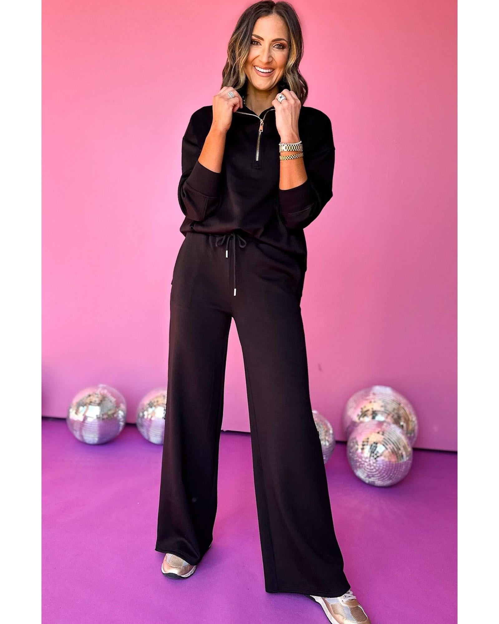 Black Zipper Stand Neck Top and Wide Leg Pants Set - XL 5