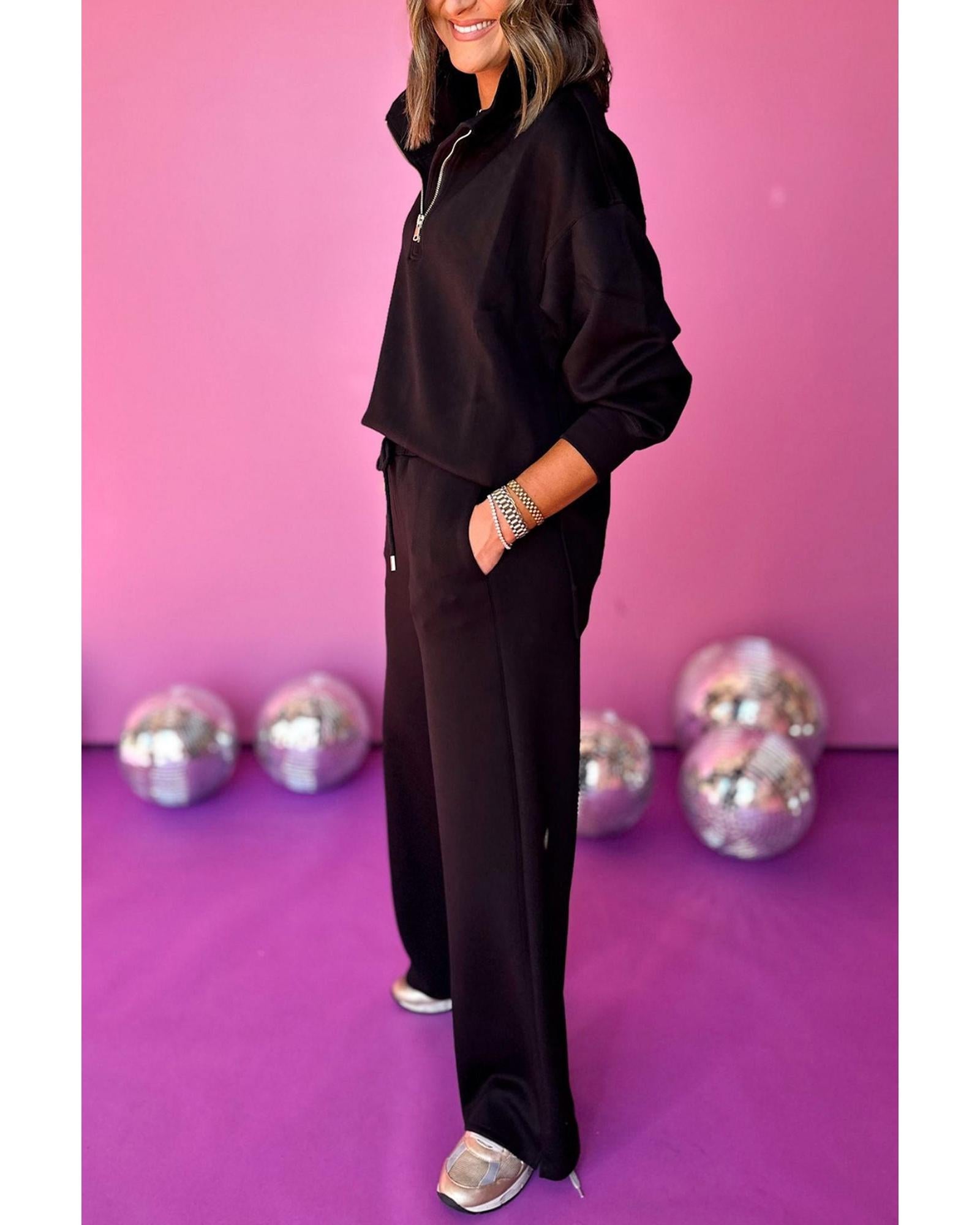 Black Zipper Stand Neck Top and Wide Leg Pants Set - XL 7
