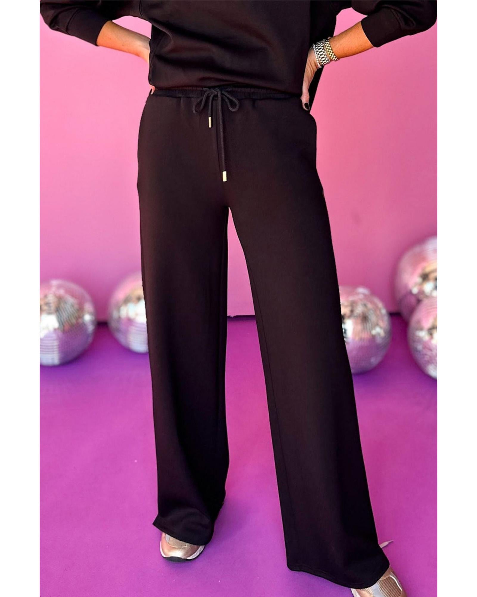 Black Zipper Stand Neck Top and Wide Leg Pants Set - XL 8