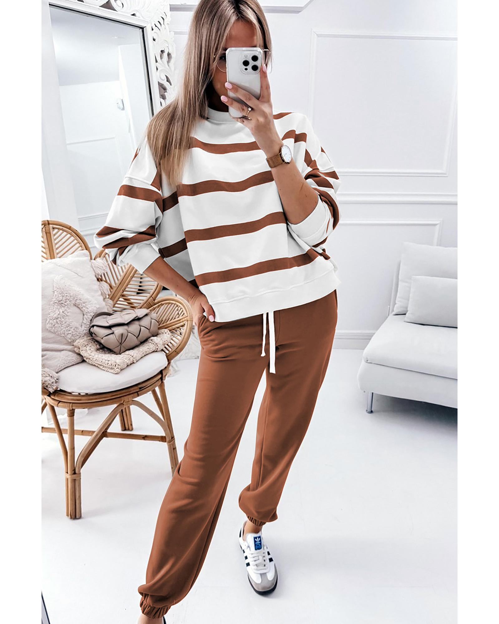 Brown Stripe Striped Drop Shoulder Pullover and Jogger Pants Set - 2XL