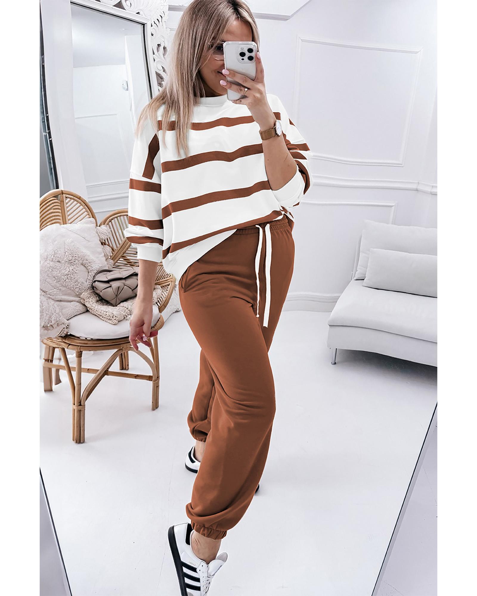 Brown Stripe Striped Drop Shoulder Pullover and Jogger Pants Set - 2XL 3