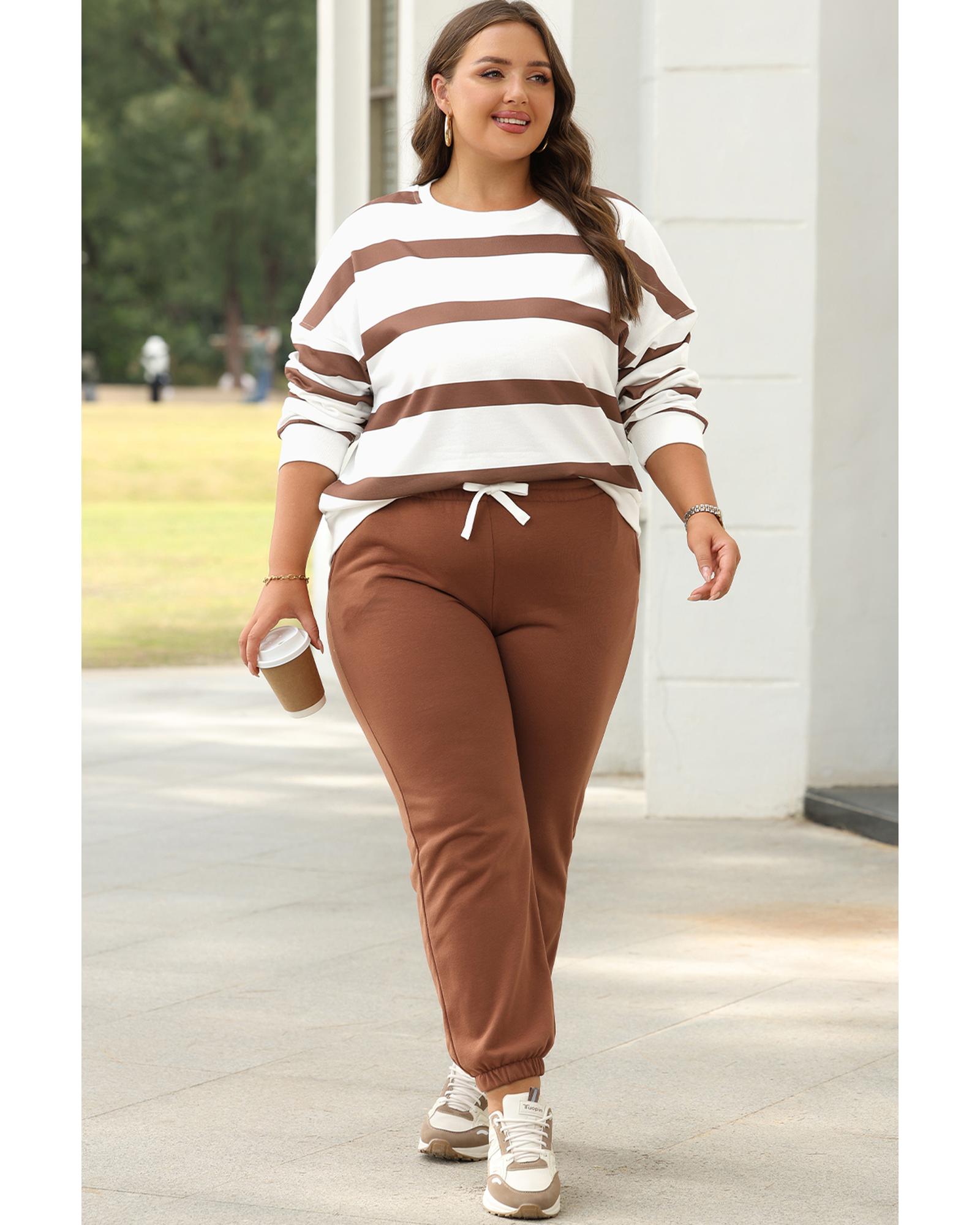 Brown Stripe Striped Drop Shoulder Pullover and Jogger Pants Set - 2XL 6