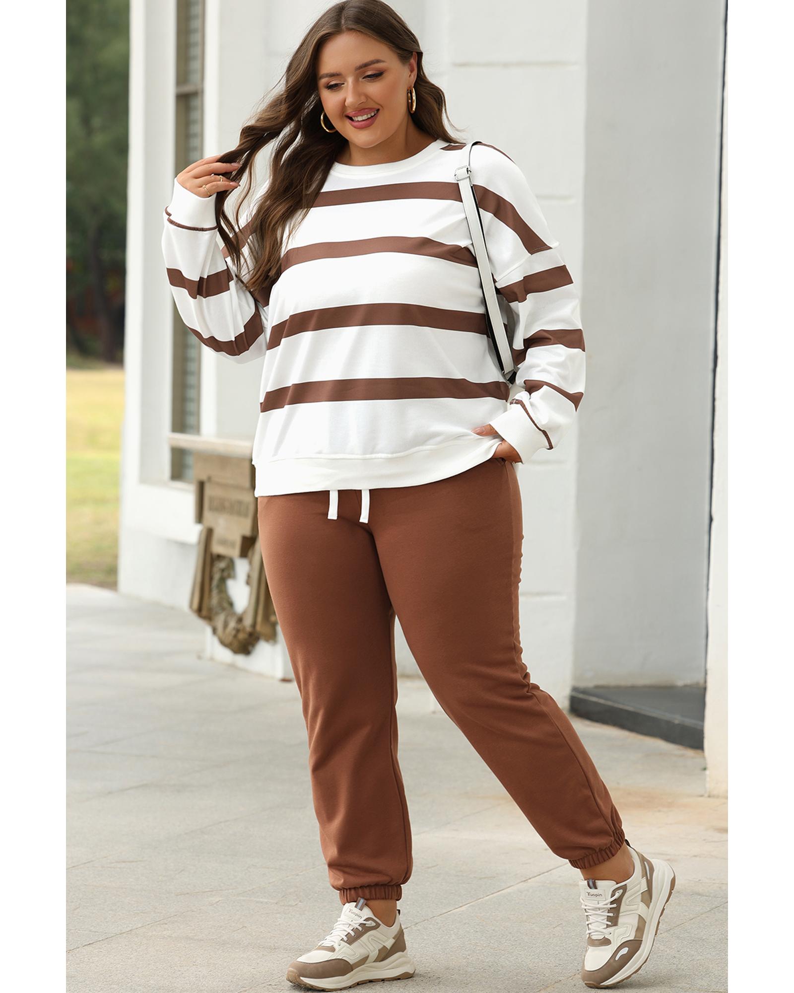 Brown Stripe Striped Drop Shoulder Pullover and Jogger Pants Set - 2XL 7