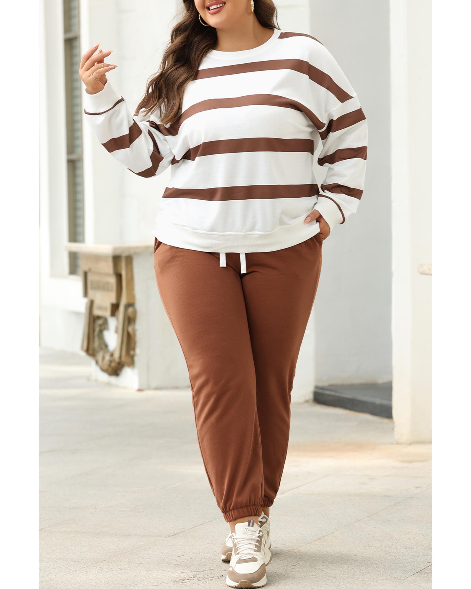 Brown Stripe Striped Drop Shoulder Pullover and Jogger Pants Set - L 5