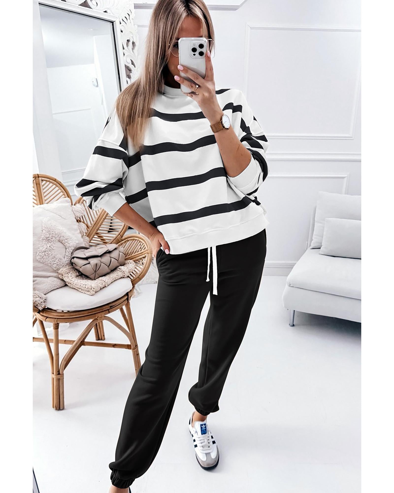 Black Stripe Drop Shoulder Pullover and Jogger Pants Set - M 3