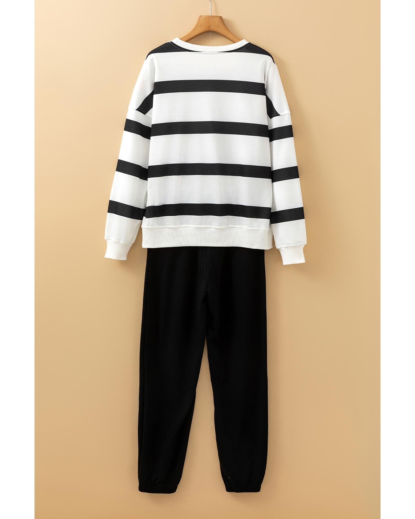 Black Stripe Drop Shoulder Pullover and Jogger Pants Set - S