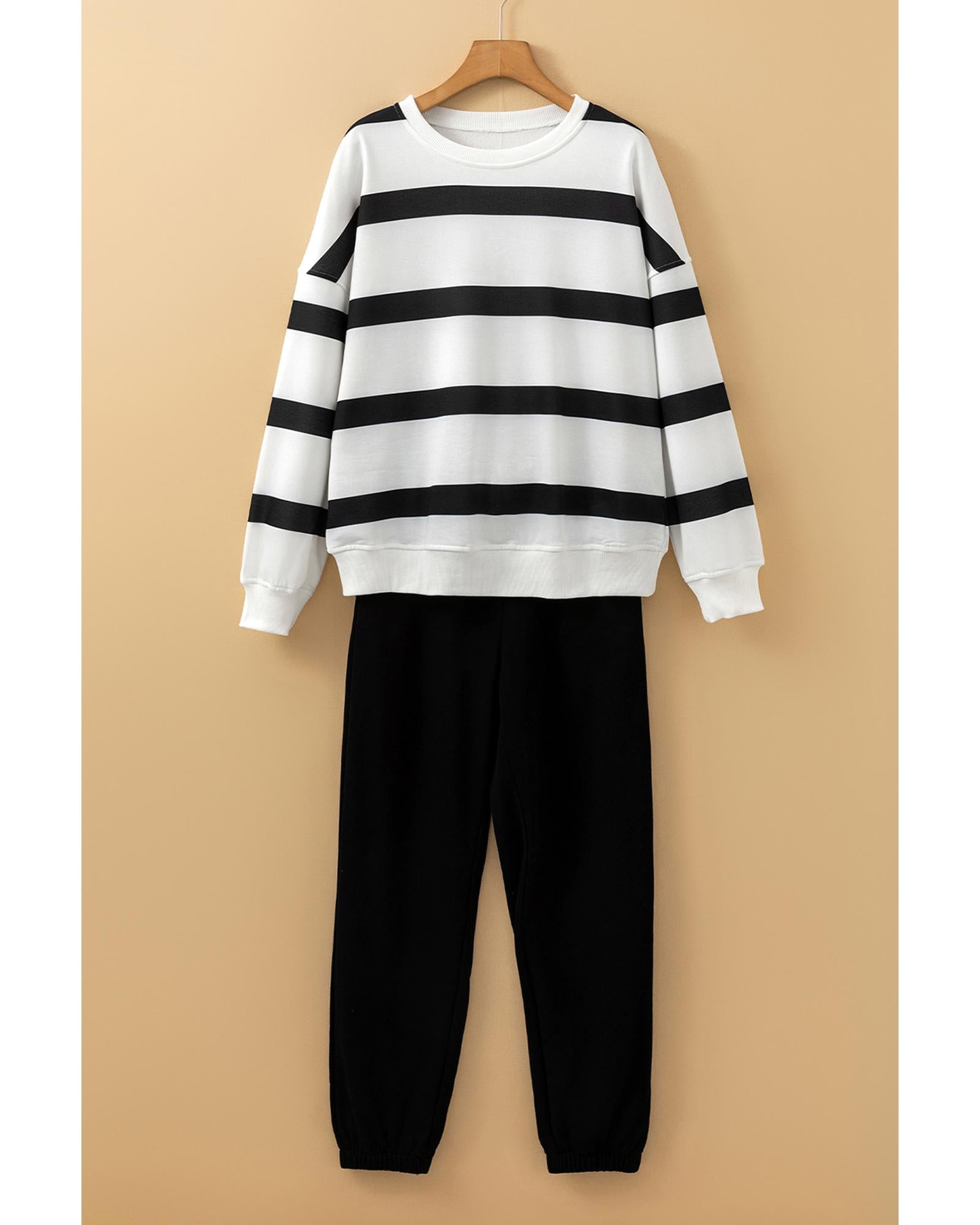 Black Stripe Drop Shoulder Pullover and Jogger Pants Set - S 5