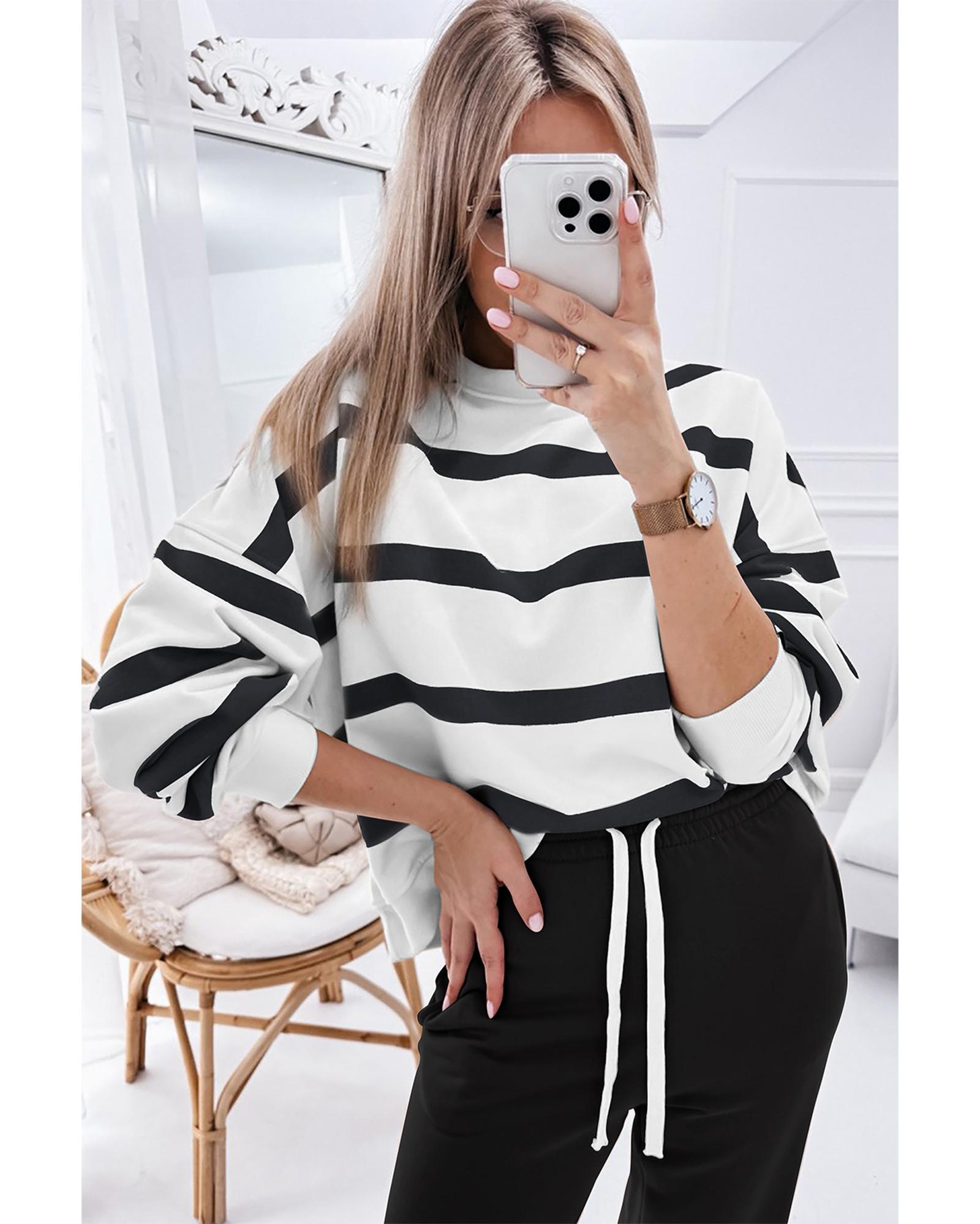 Black Stripe Drop Shoulder Pullover and Jogger Pants Set - S 7