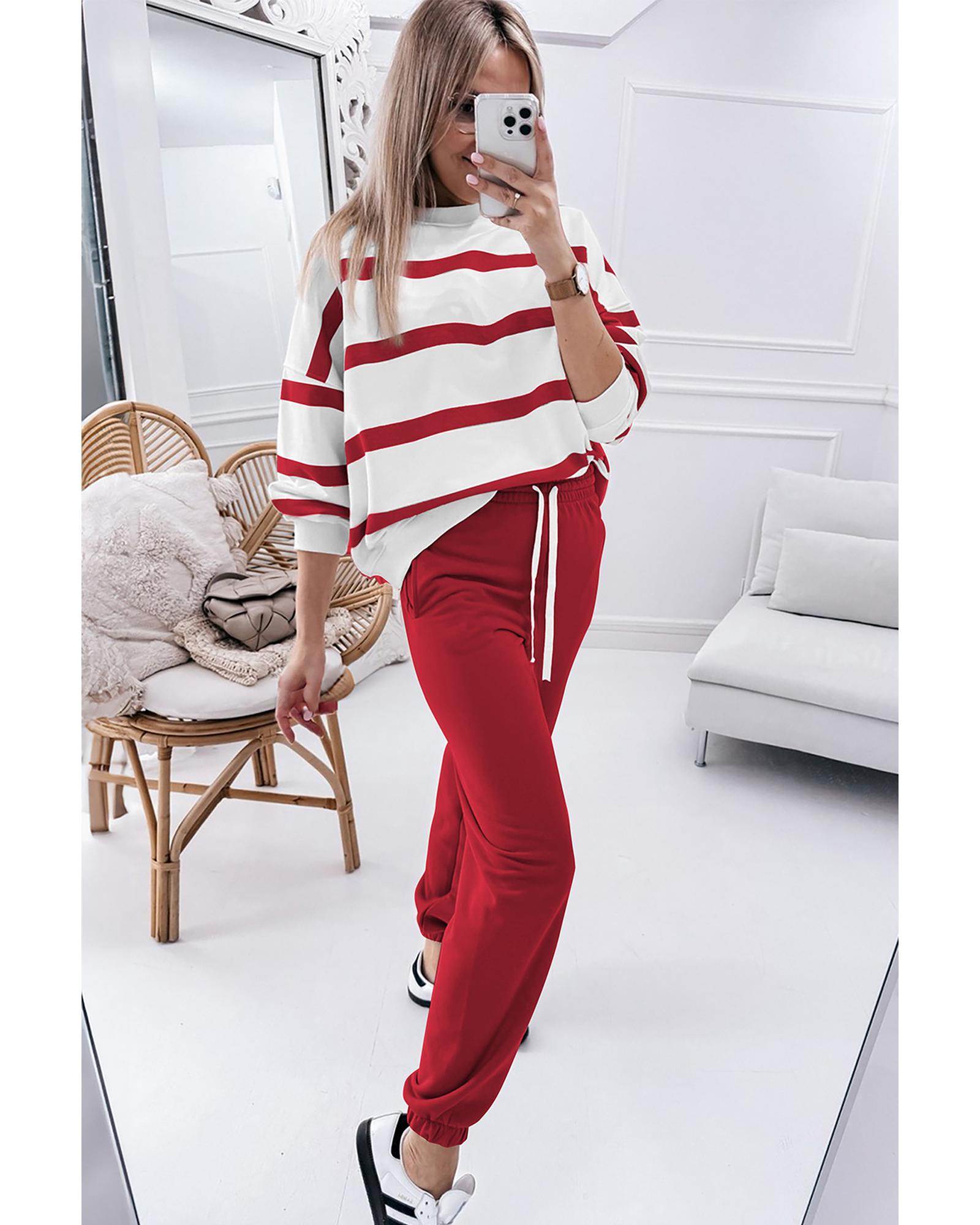 Red Stripe Drop Shoulder Pullover and Jogger Pants Set - L 4