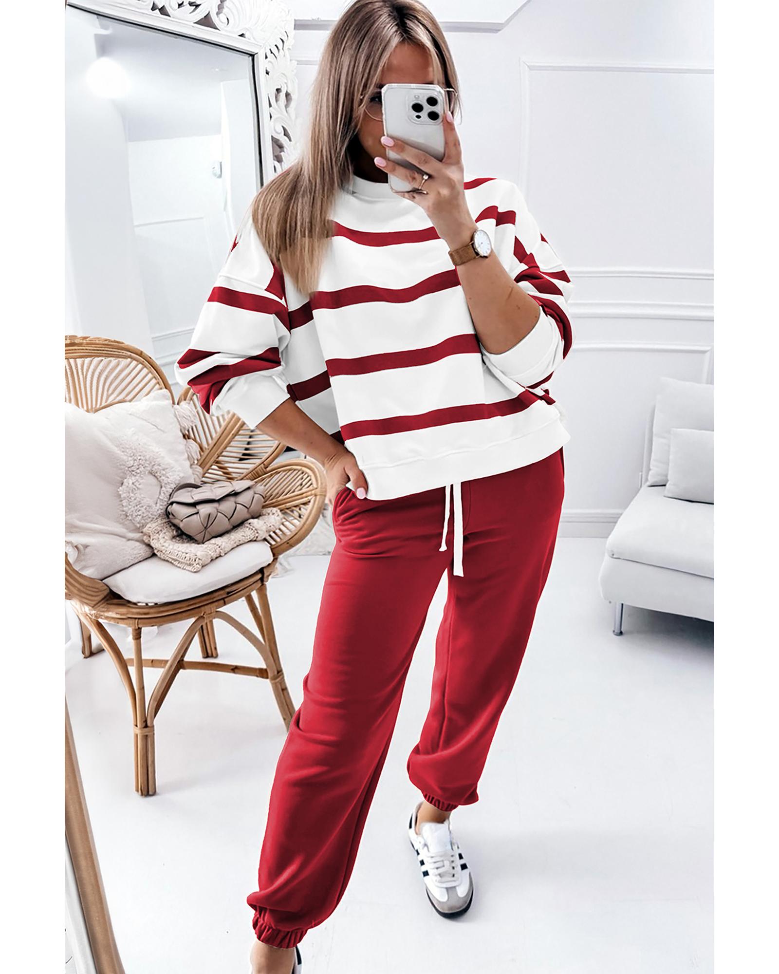 Red Stripe Drop Shoulder Pullover and Jogger Pants Set - L 5