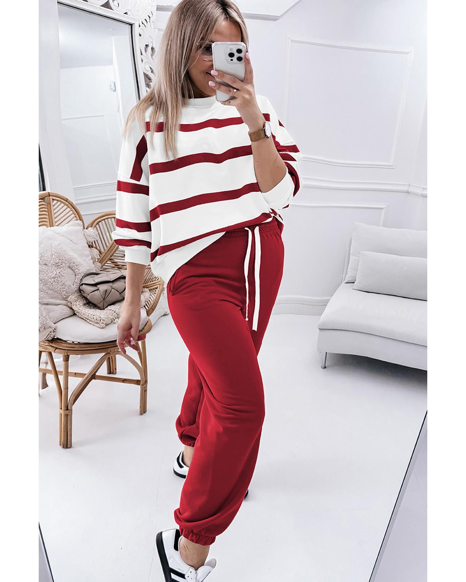 Red Stripe Drop Shoulder Pullover and Jogger Pants Set - L 6