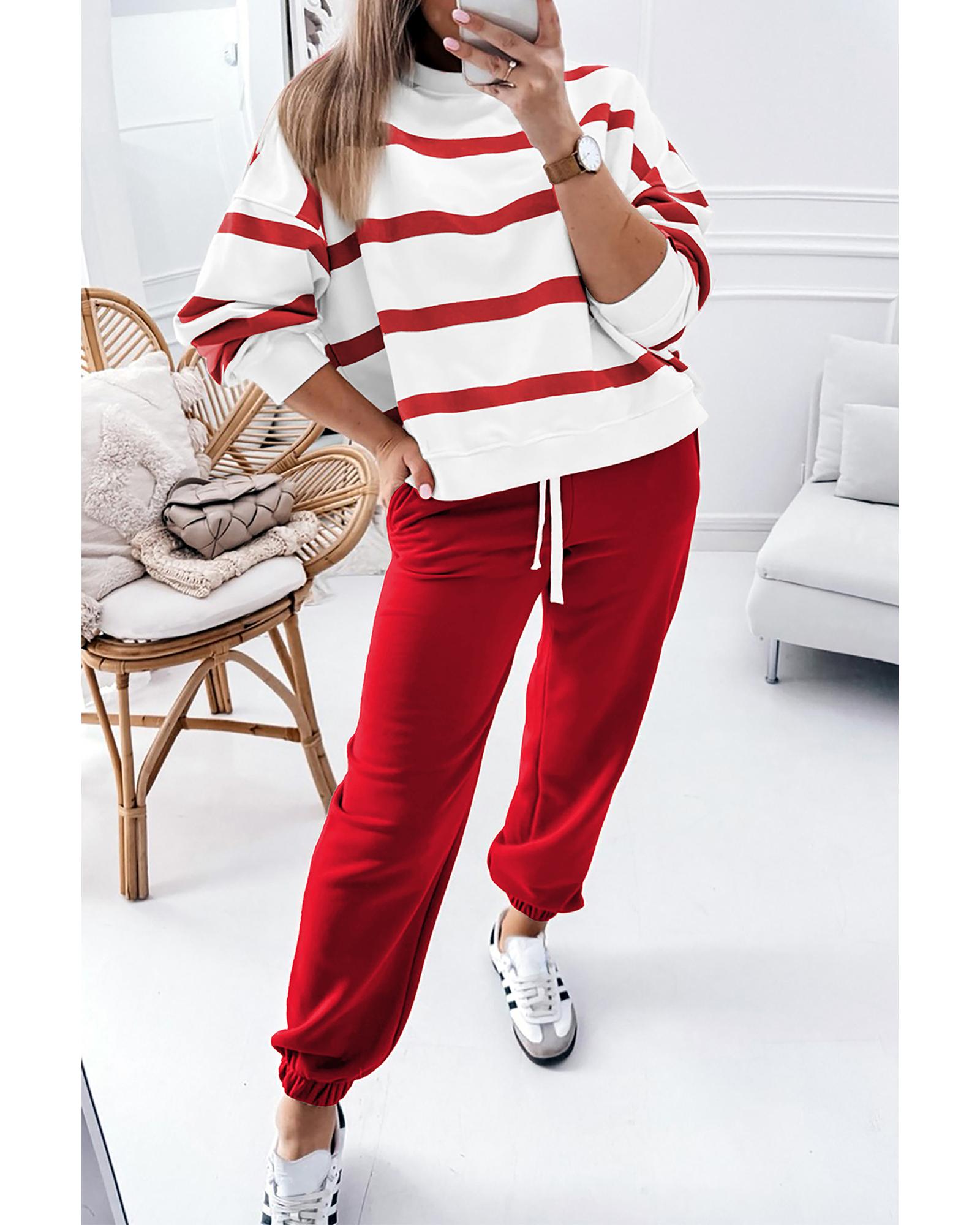 Red Stripe Drop Shoulder Pullover and Jogger Pants Set - L 7