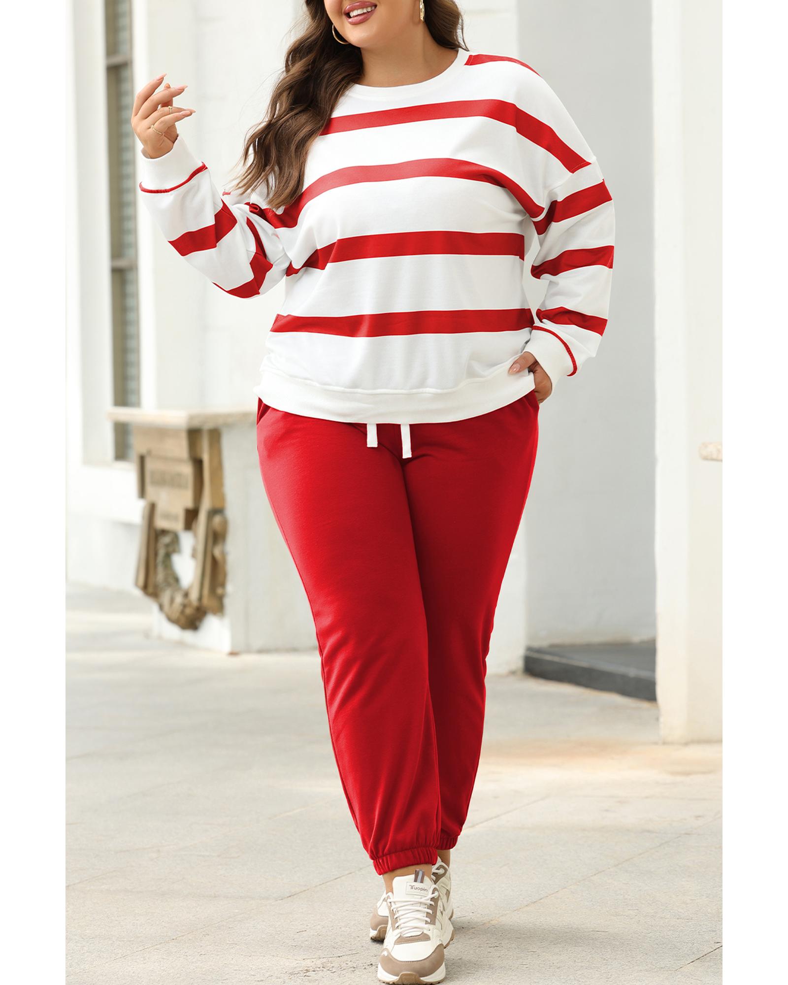 Red Stripe Drop Shoulder Pullover and Jogger Pants Set - L 8