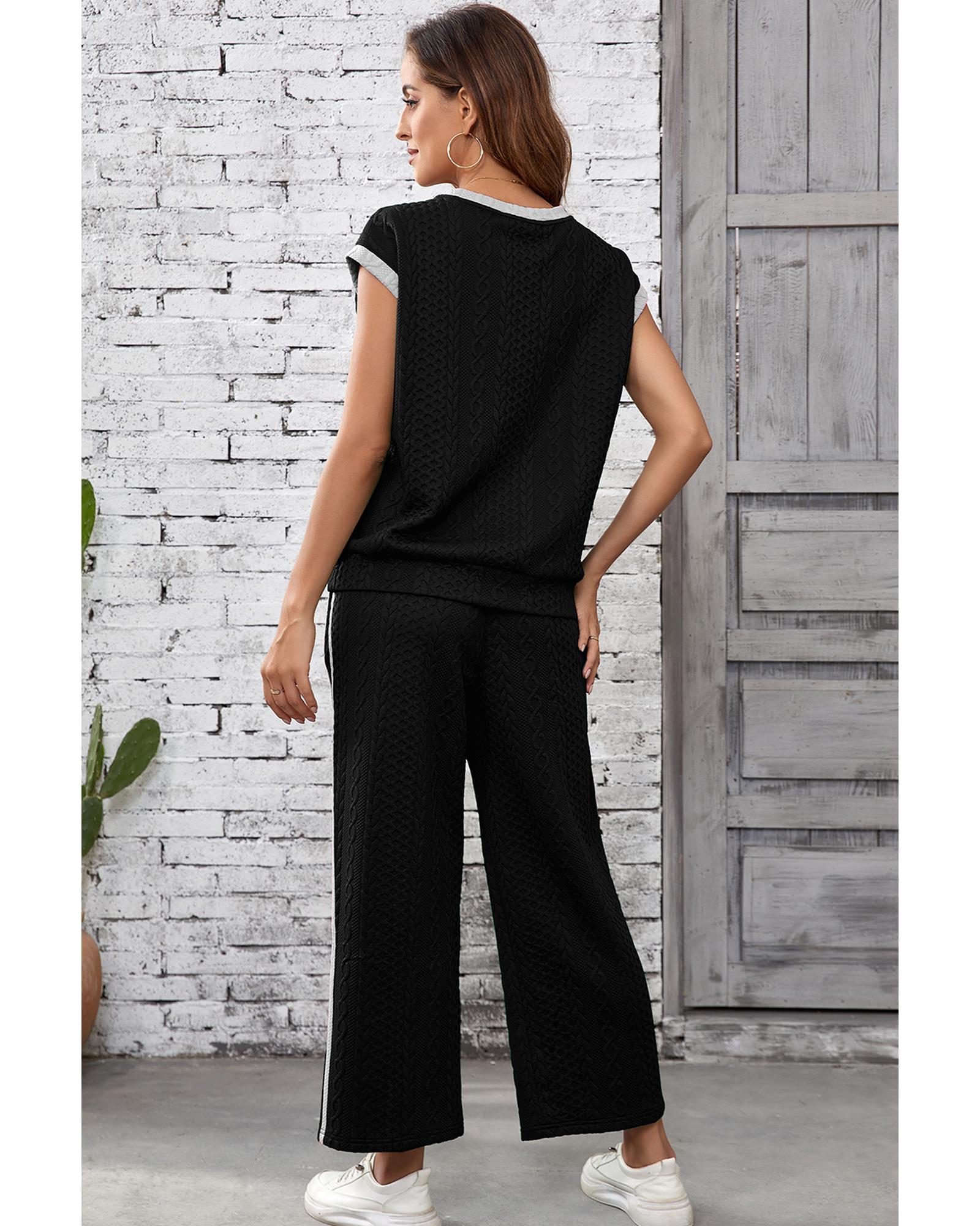 Black Cable Knit Contrast Trim Short Sleeve Top and Pants Set - M