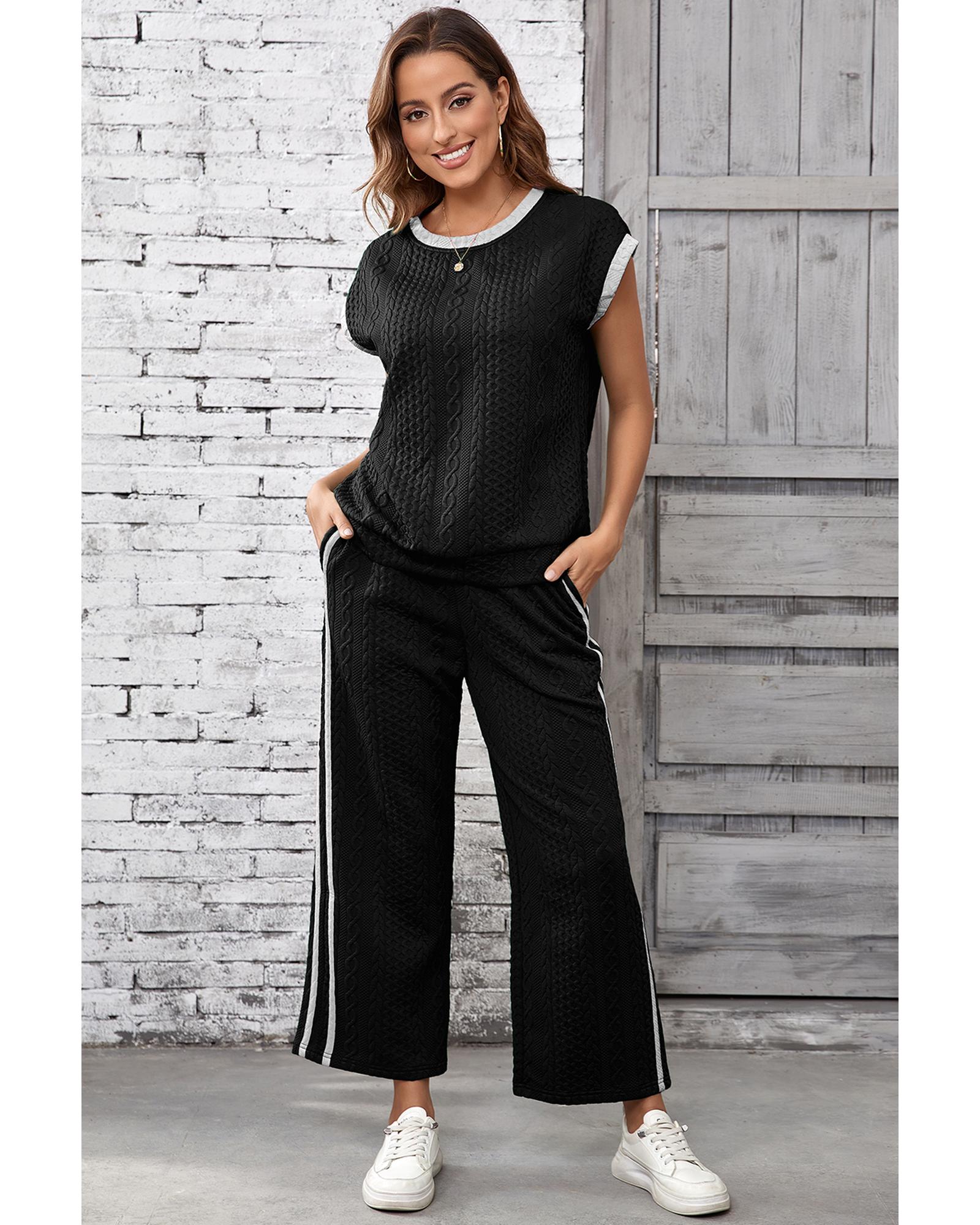 Black Cable Knit Contrast Trim Short Sleeve Top and Pants Set - M 3