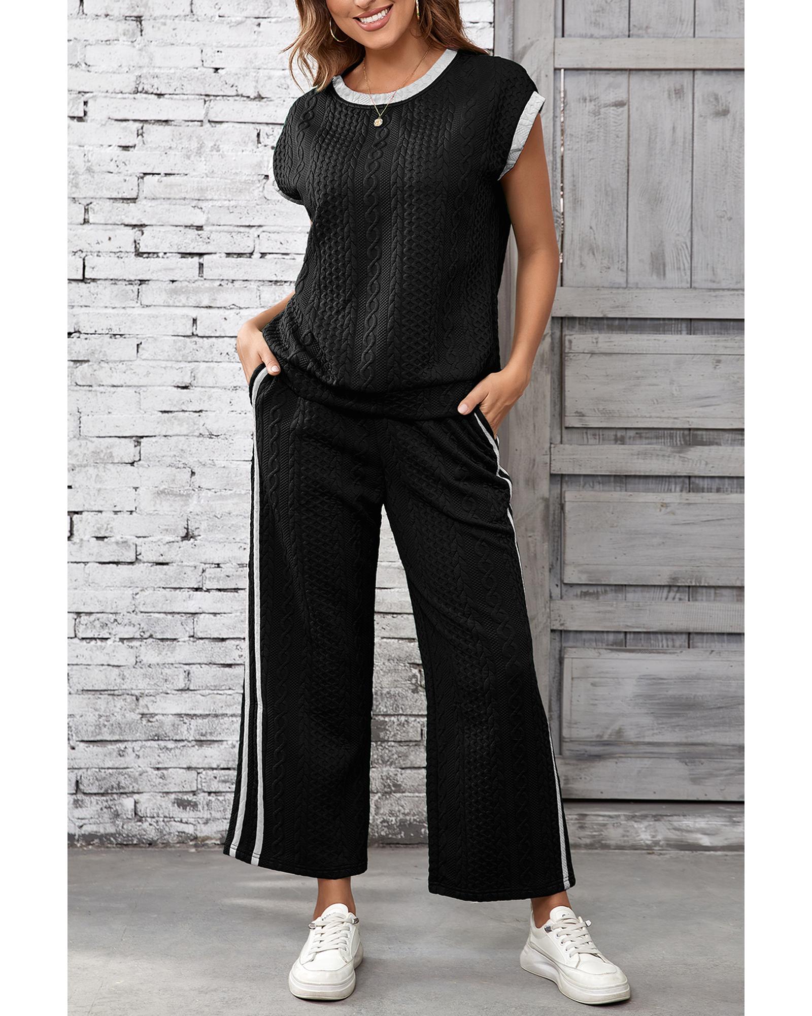 Black Cable Knit Contrast Trim Short Sleeve Top and Pants Set - M 4