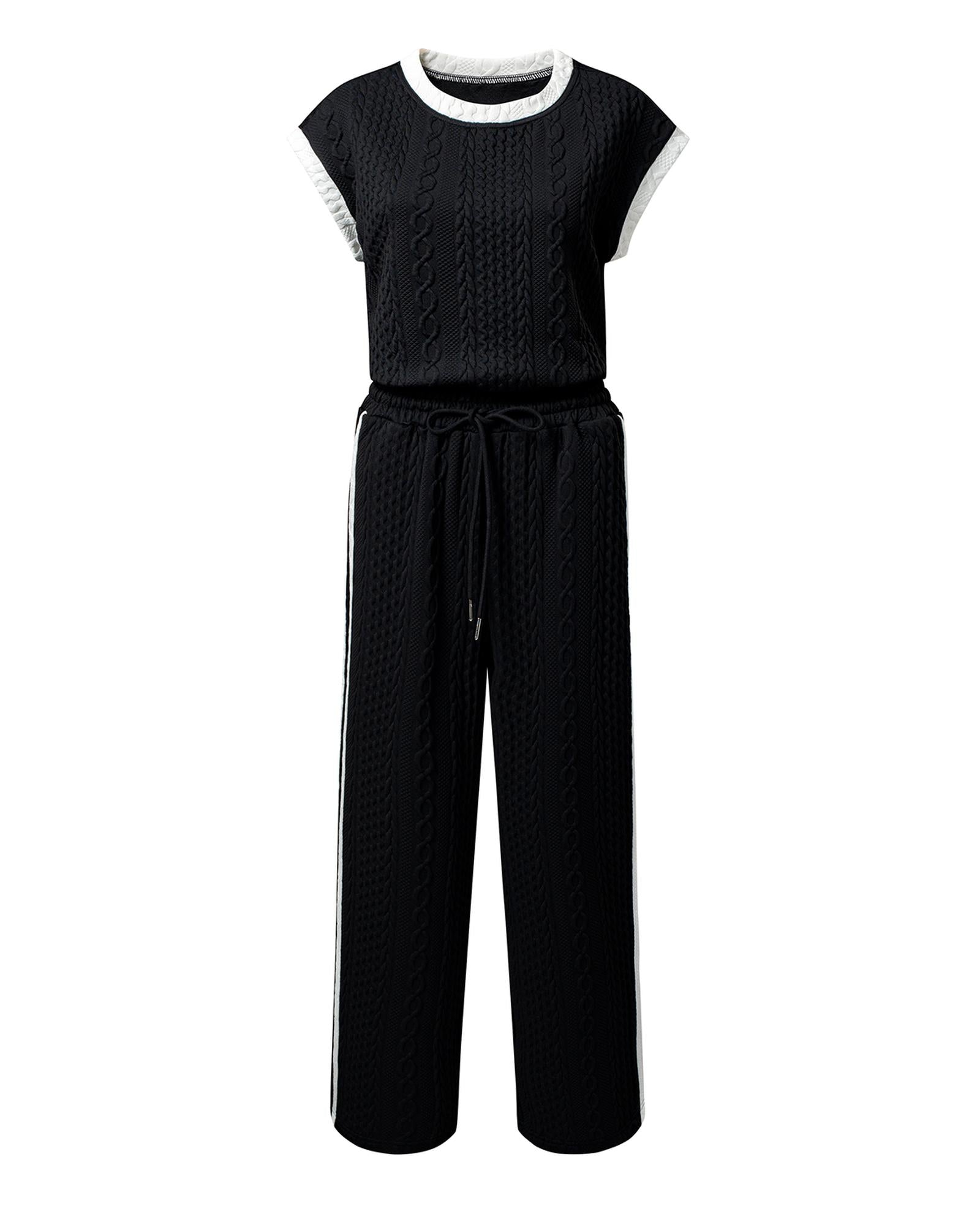 Black Cable Knit Contrast Trim Short Sleeve Top and Pants Set - M 5