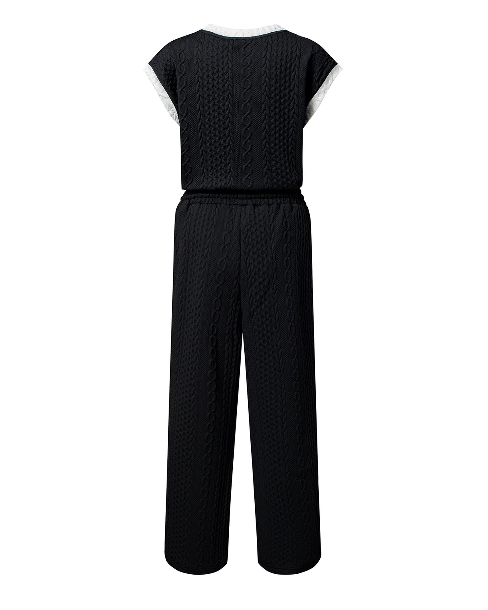 Black Cable Knit Contrast Trim Short Sleeve Top and Pants Set - M 6
