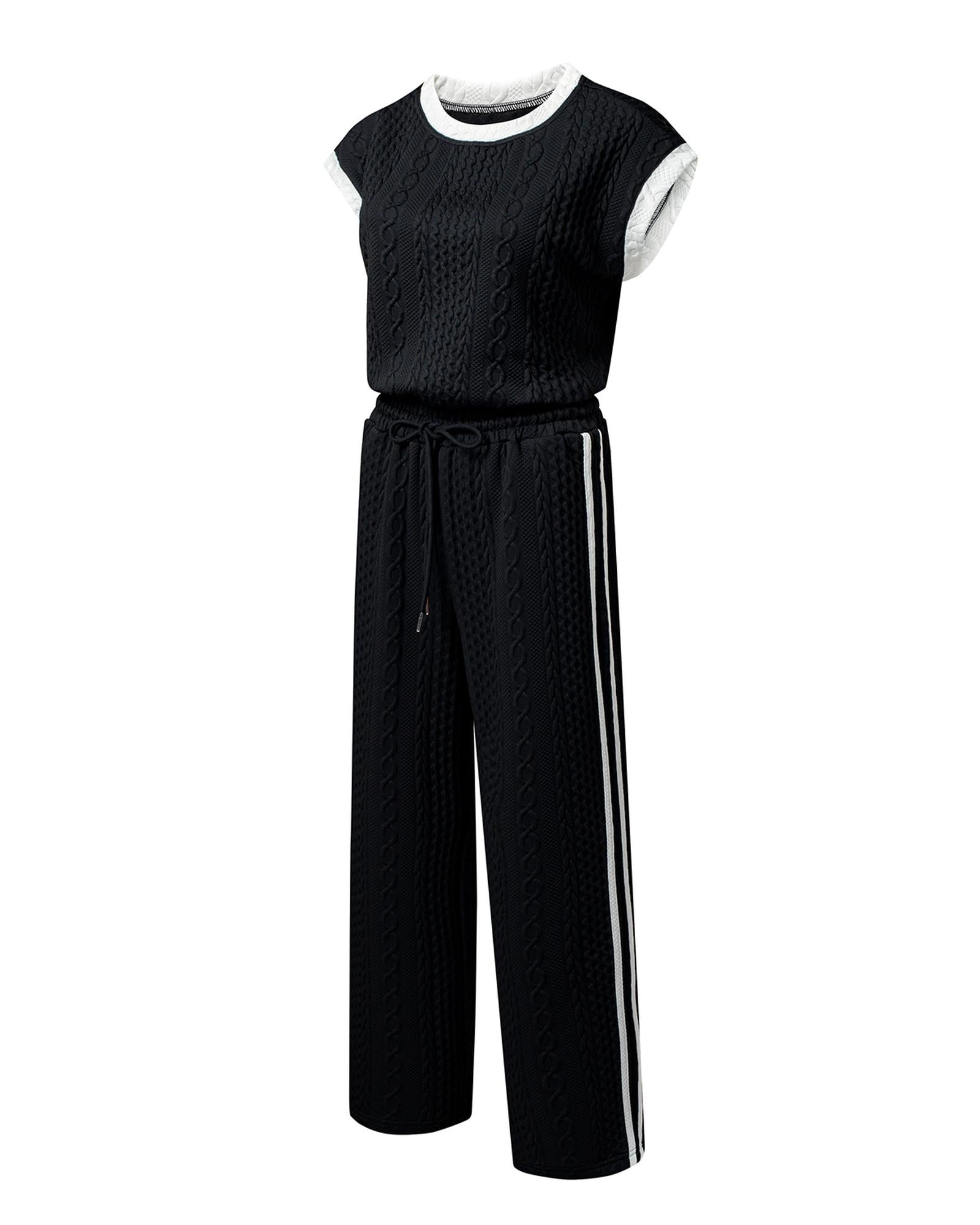 Black Cable Knit Contrast Trim Short Sleeve Top and Pants Set - M 7