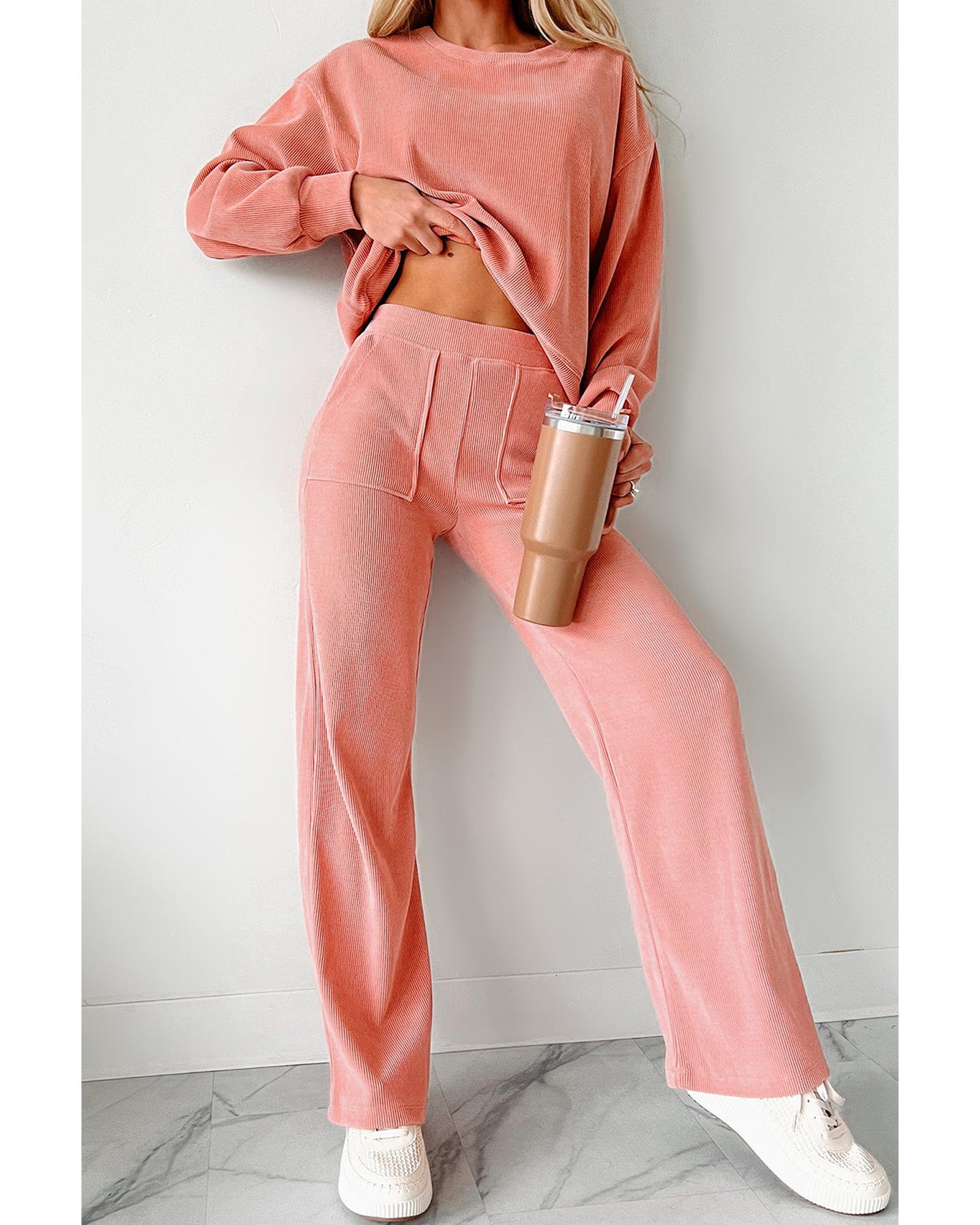 Blossom Ribbed Knit Drop Shoulder Pocketed Two Piece Lounge Set - L 5