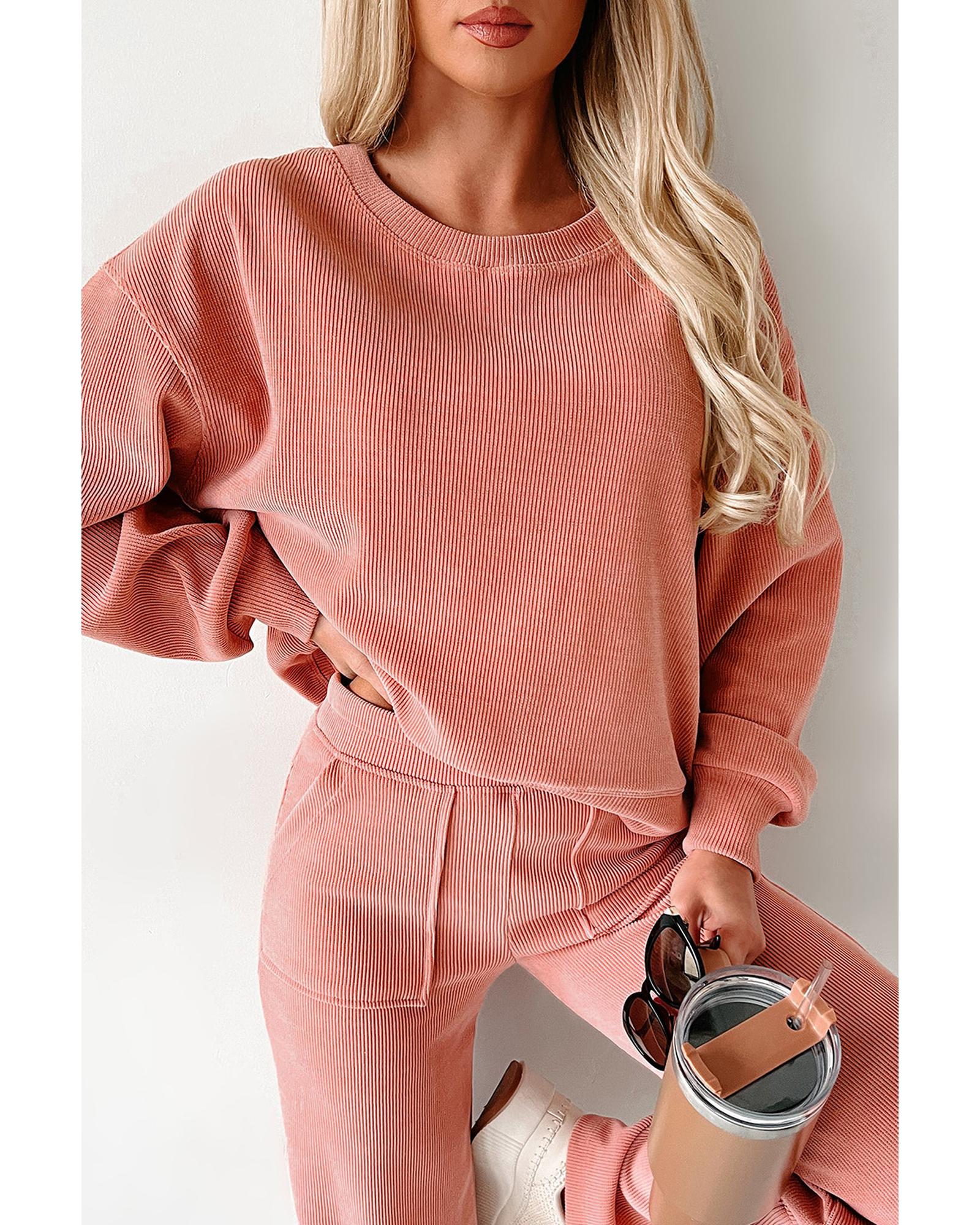 Blossom Ribbed Knit Drop Shoulder Pocketed Two Piece Lounge Set - L 6