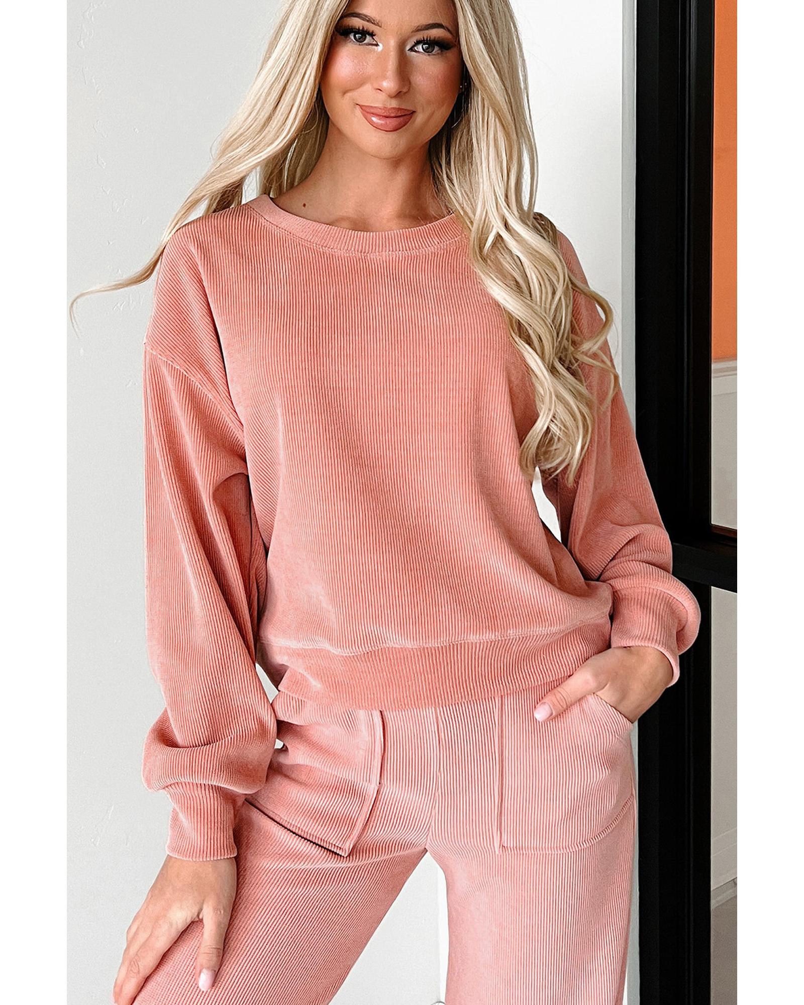 Blossom Ribbed Knit Drop Shoulder Pocketed Two Piece Lounge Set - M