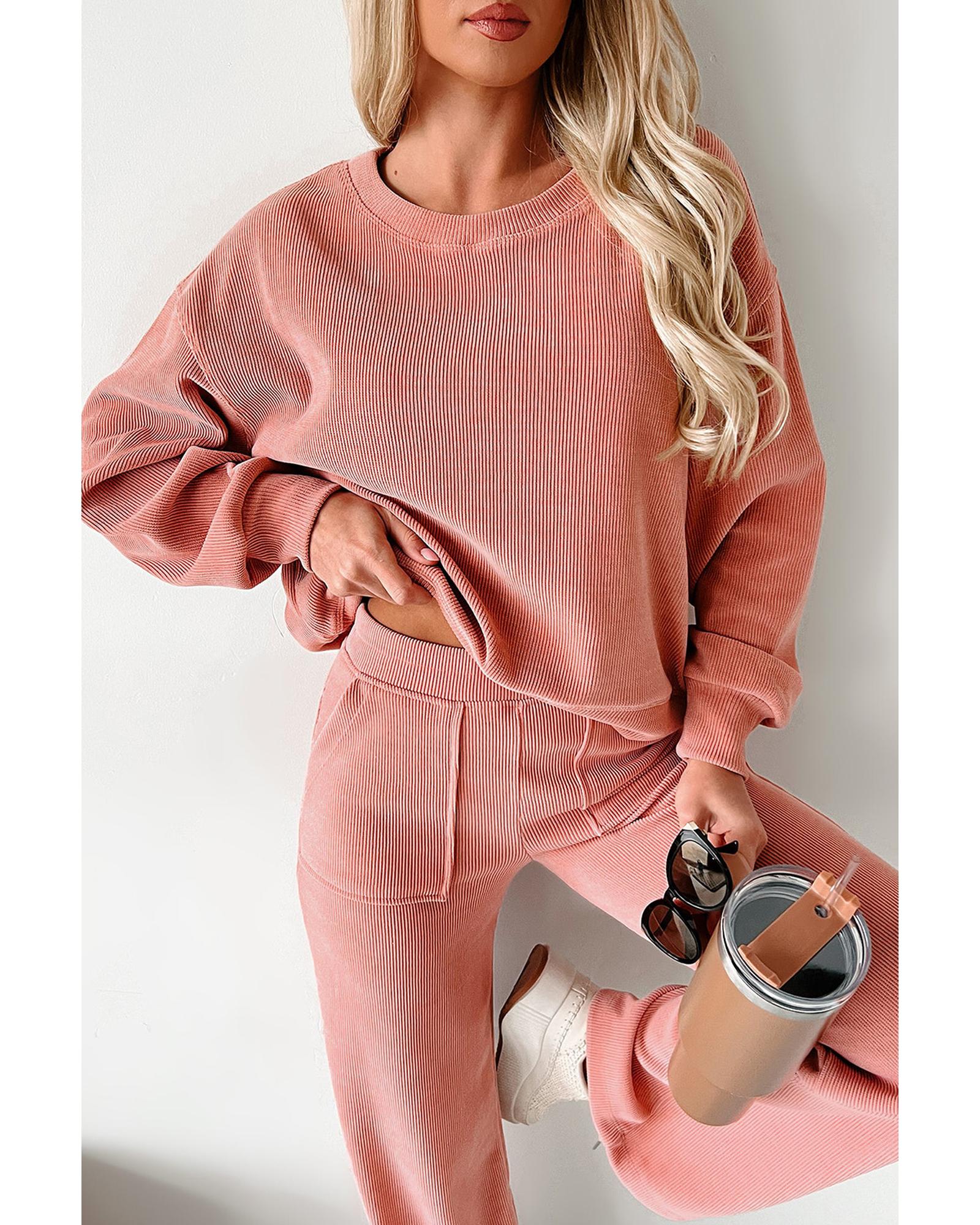 Blossom Ribbed Knit Drop Shoulder Pocketed Two Piece Lounge Set - S 3
