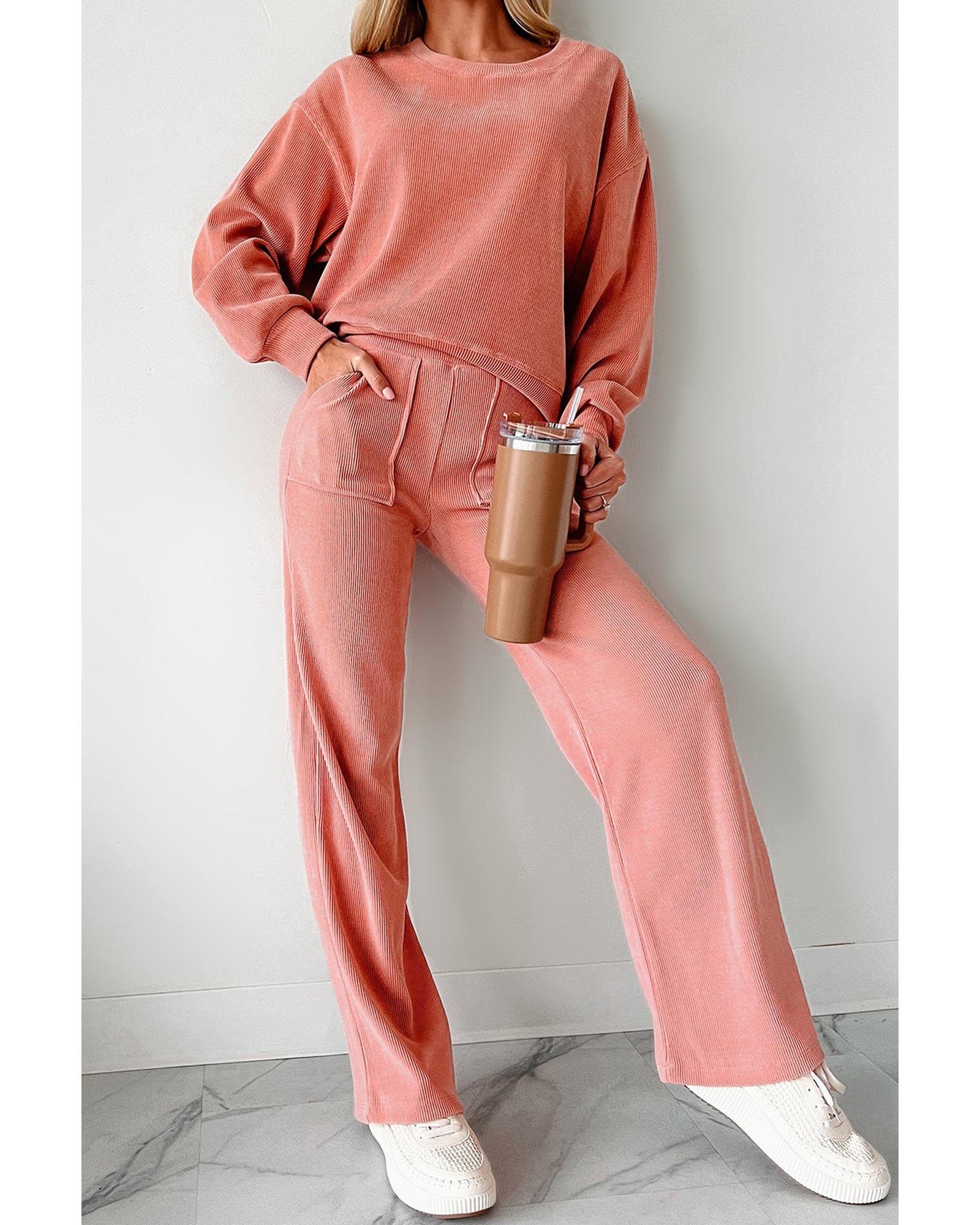 Blossom Ribbed Knit Drop Shoulder Pocketed Two Piece Lounge Set - S 8