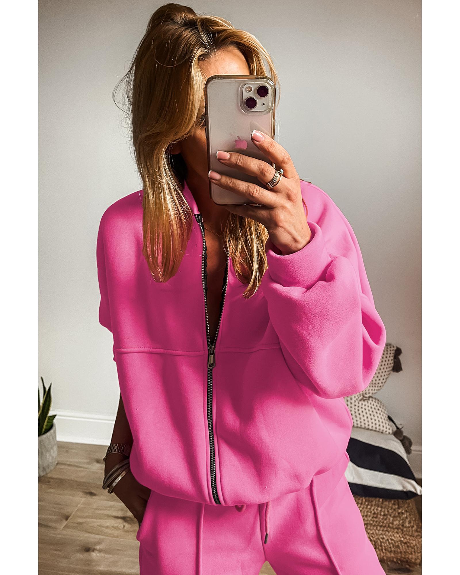 Bright Pink Solid Seamed Zipper Jacket and Drawstring Waist Pants Set - 2XL