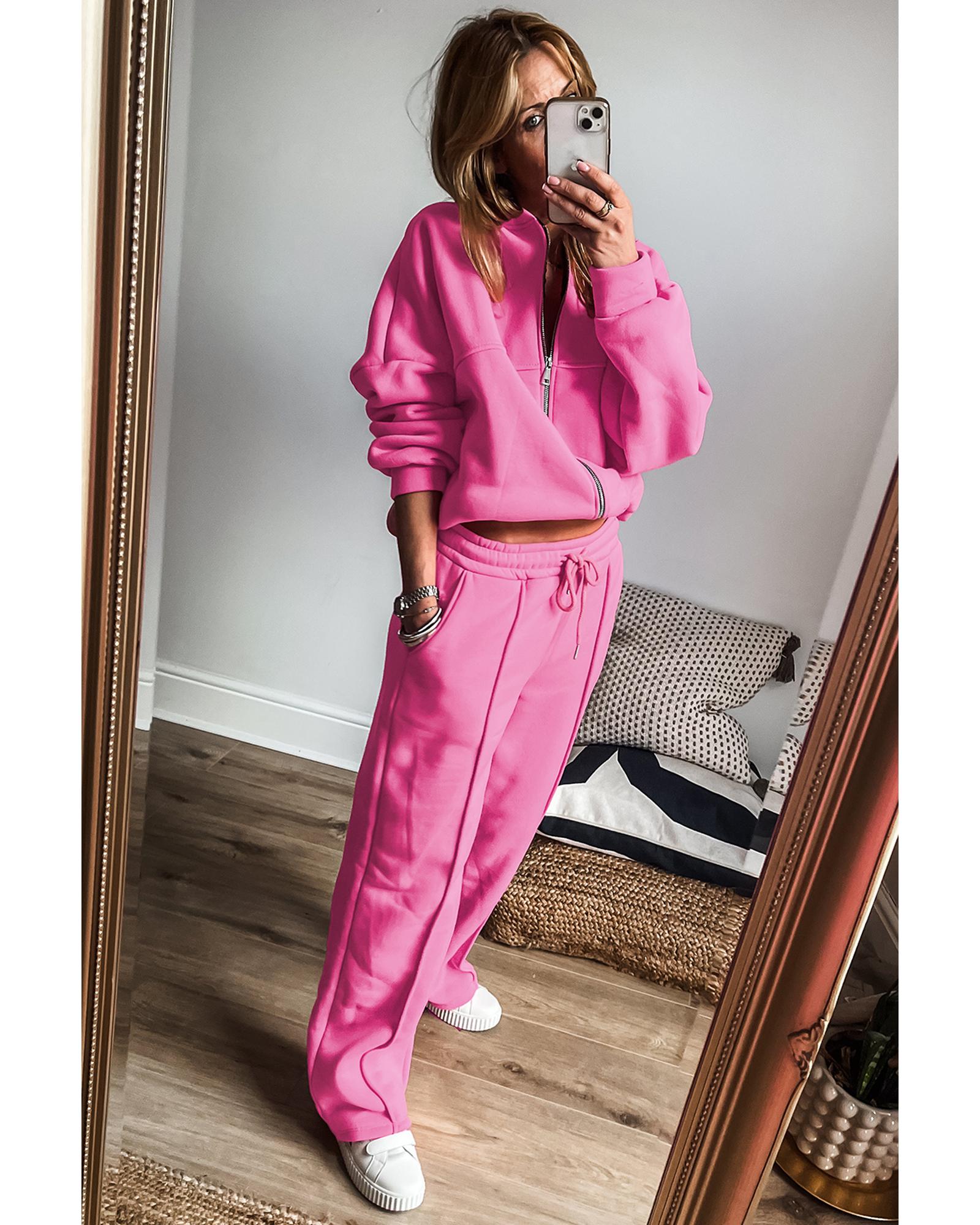 Bright Pink Solid Seamed Zipper Jacket and Drawstring Waist Pants Set - 2XL 5