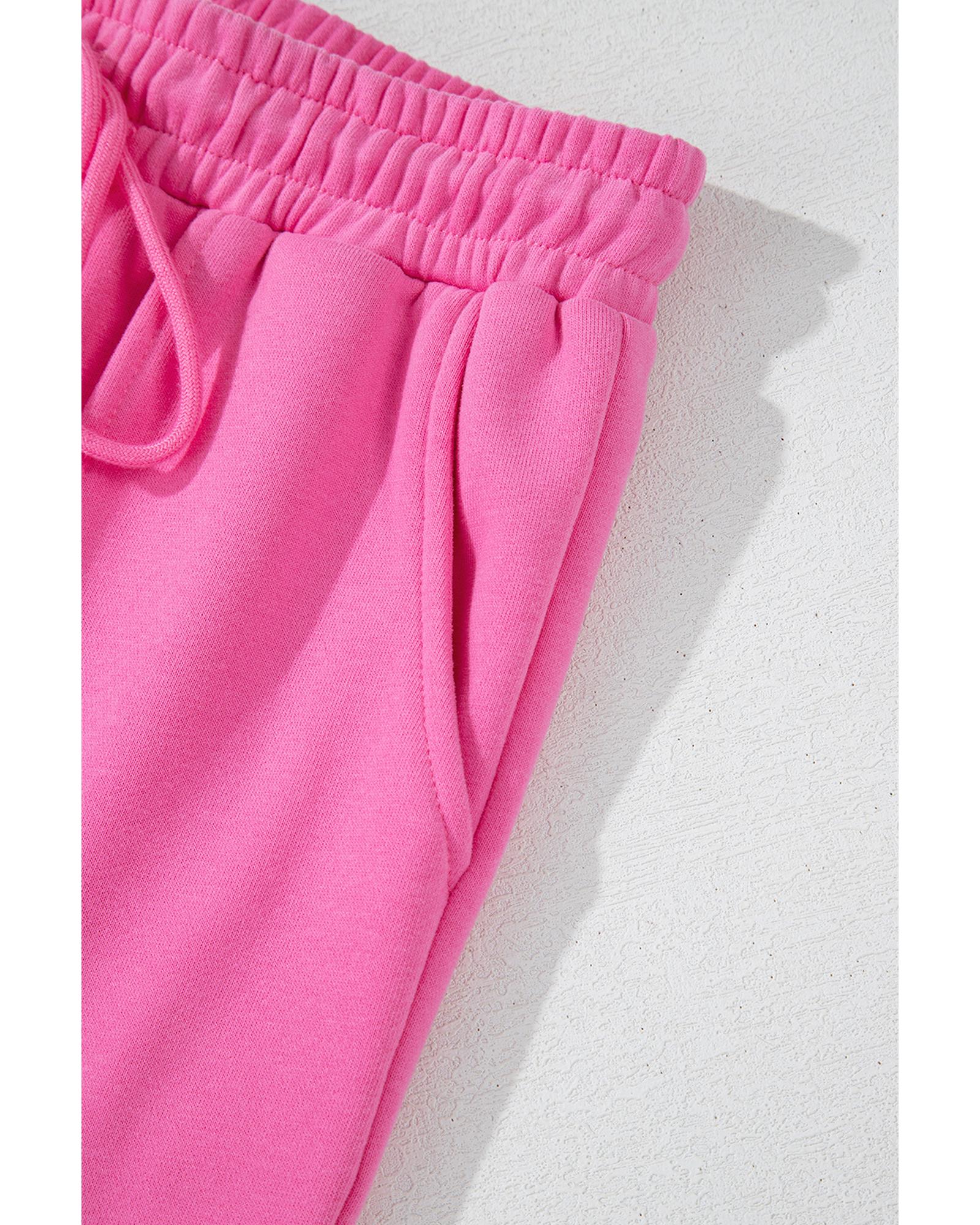 Bright Pink Solid Seamed Zipper Jacket and Drawstring Waist Pants Set - XL 3