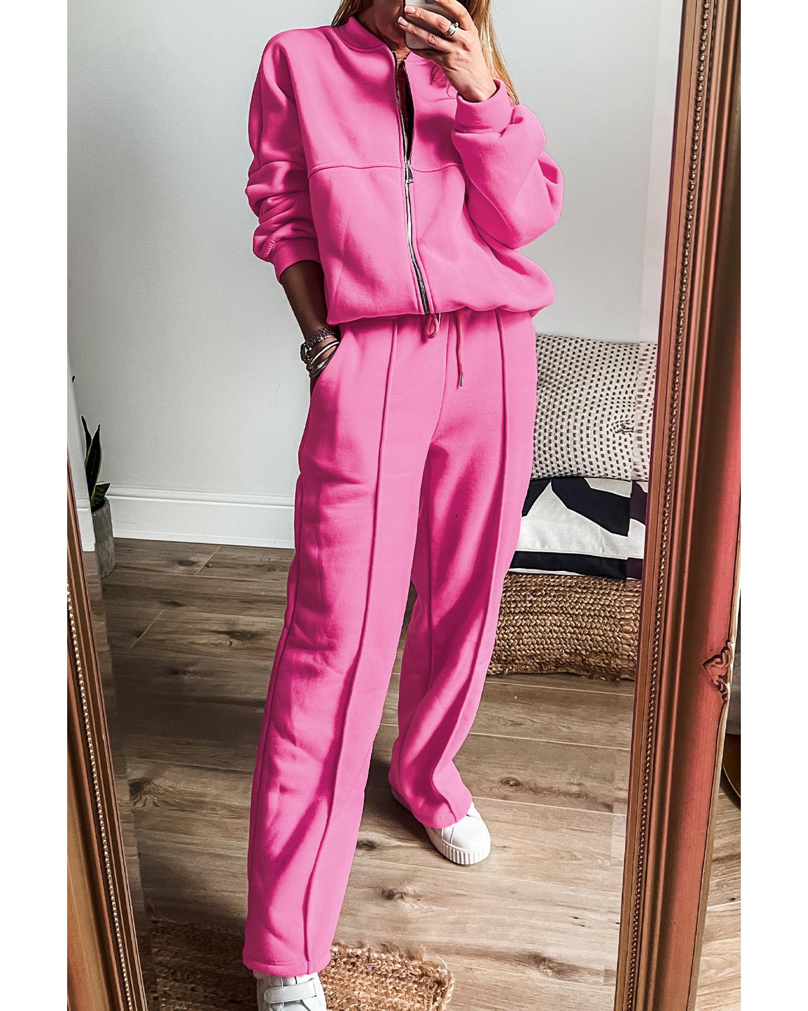 Bright Pink Solid Seamed Zipper Jacket and Drawstring Waist Pants Set - XL 4