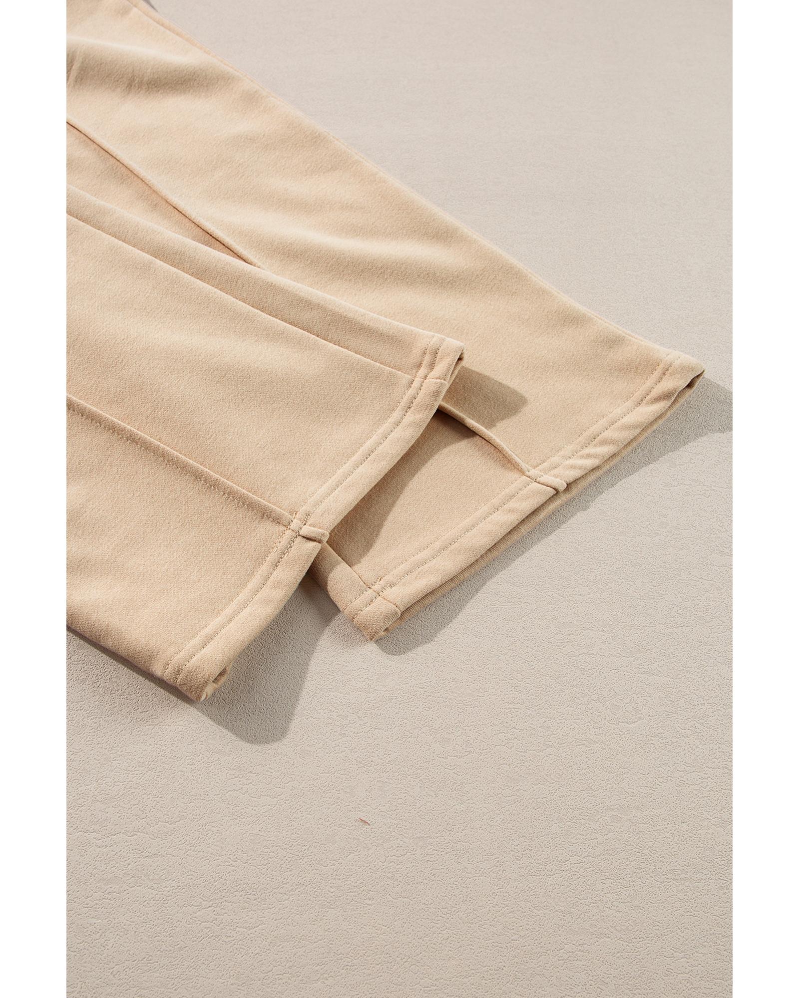 Apricot Solid Seamed Zipper Jacket and Drawstring Waist Pants Set - S