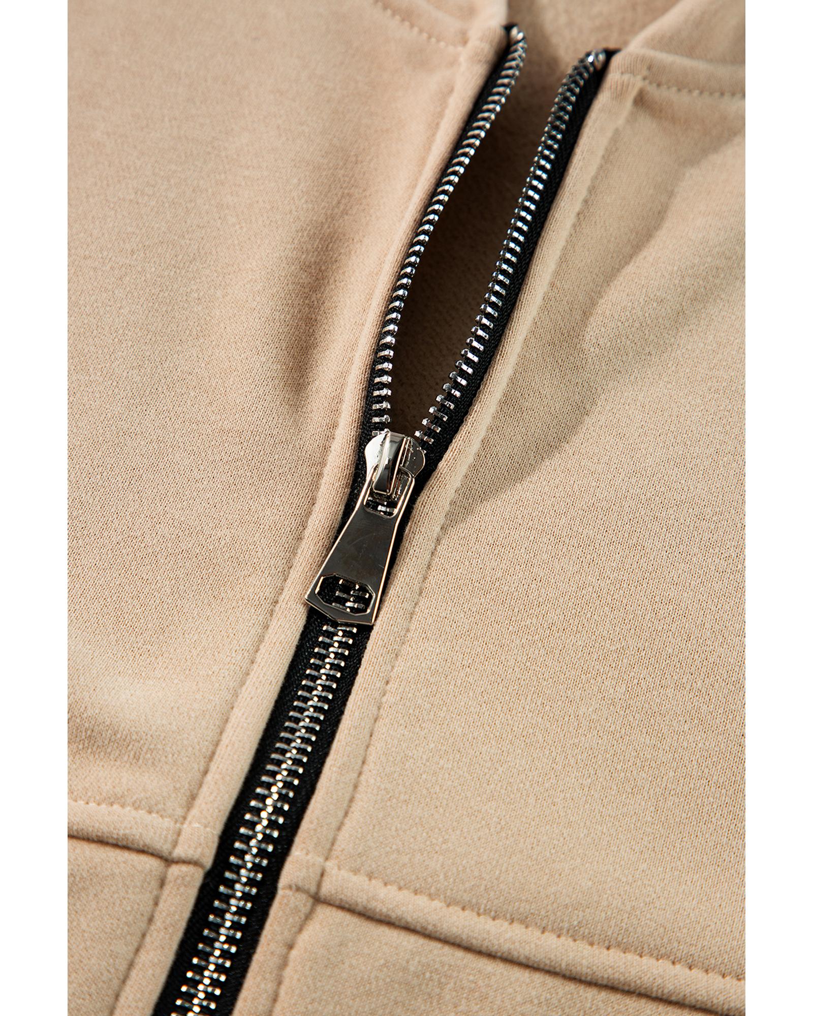 Apricot Solid Seamed Zipper Jacket and Drawstring Waist Pants Set - S 4