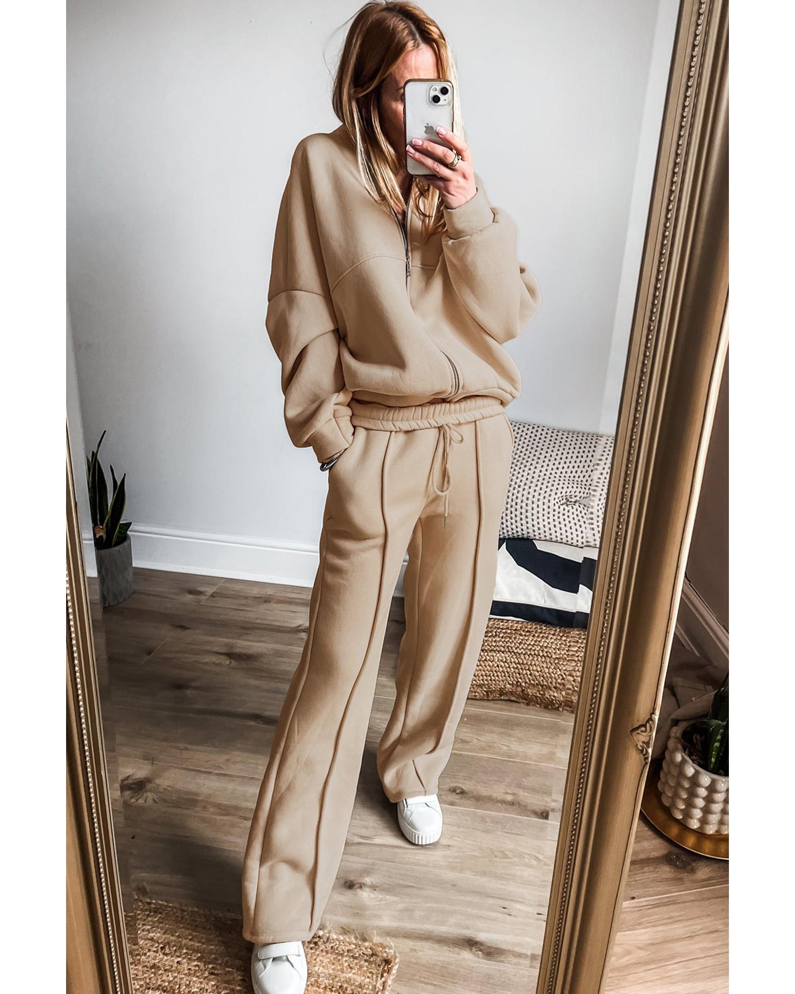 Apricot Solid Seamed Zipper Jacket and Drawstring Waist Pants Set - XL 6