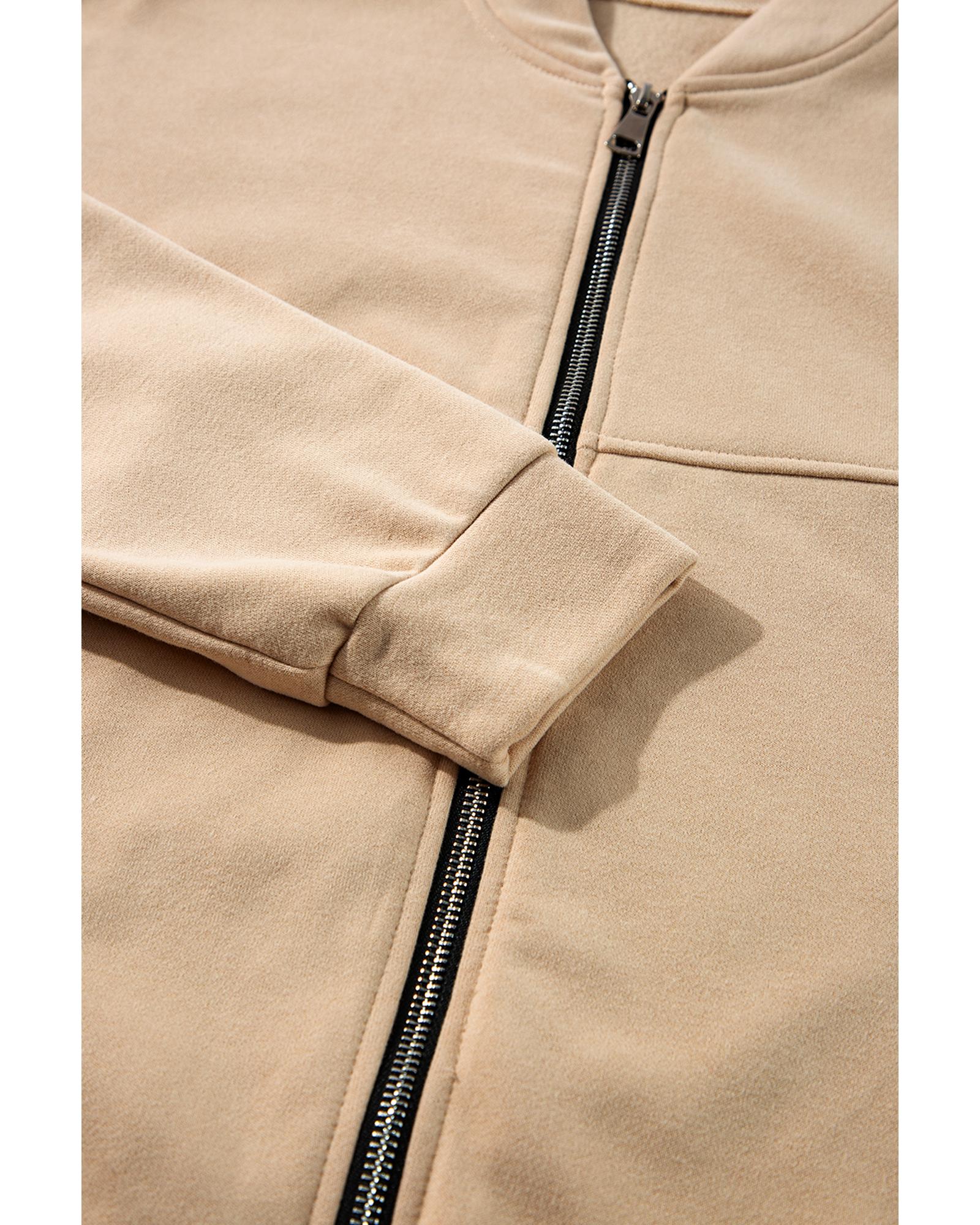 Apricot Solid Seamed Zipper Jacket and Drawstring Waist Pants Set - XL 8