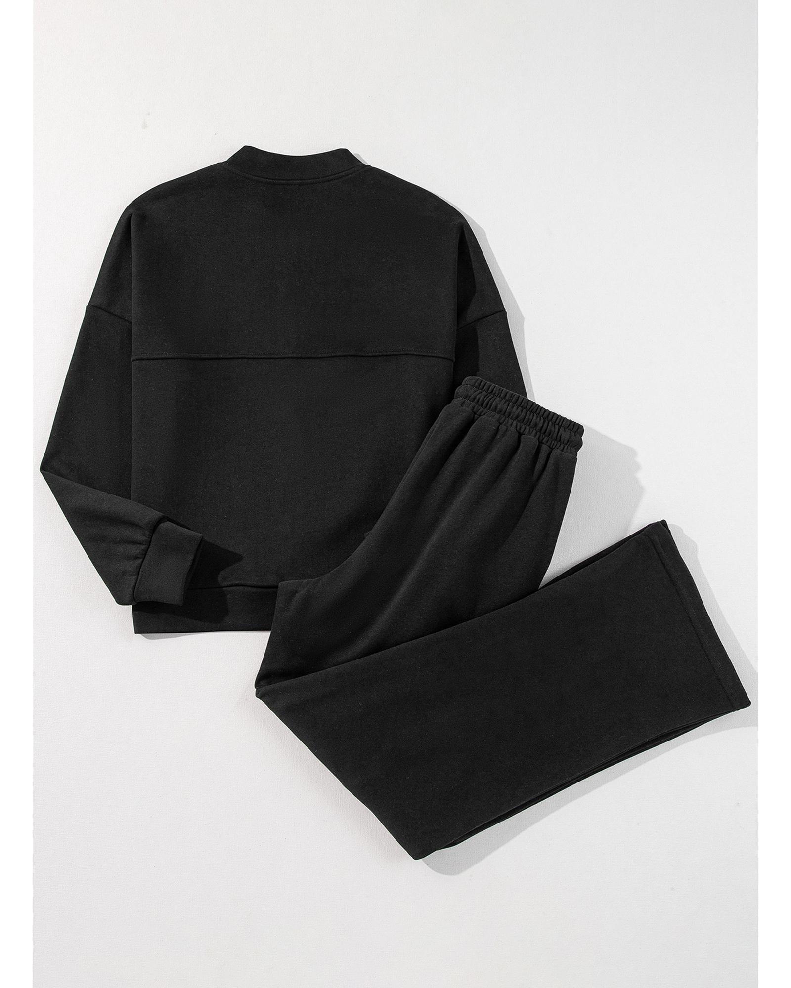 Black Solid Seamed Zipper Jacket and Drawstring Waist Pants Set - S