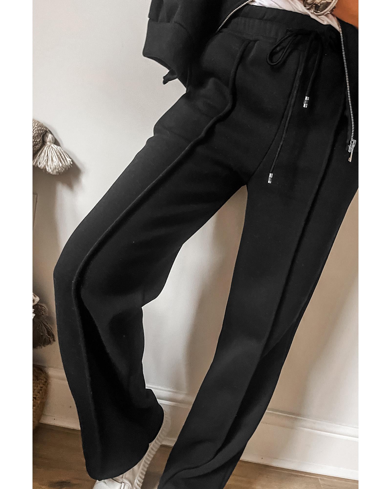 Black Solid Seamed Zipper Jacket and Drawstring Waist Pants Set - XL 6