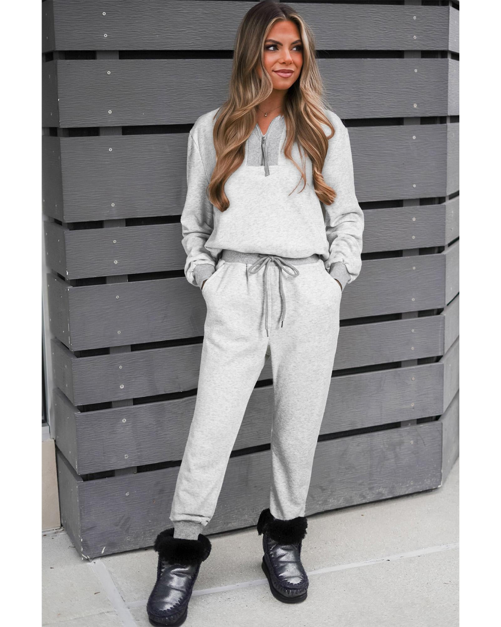 Light Grey Solid Zip Pullover Top and Drawstring Joggers Set - XL