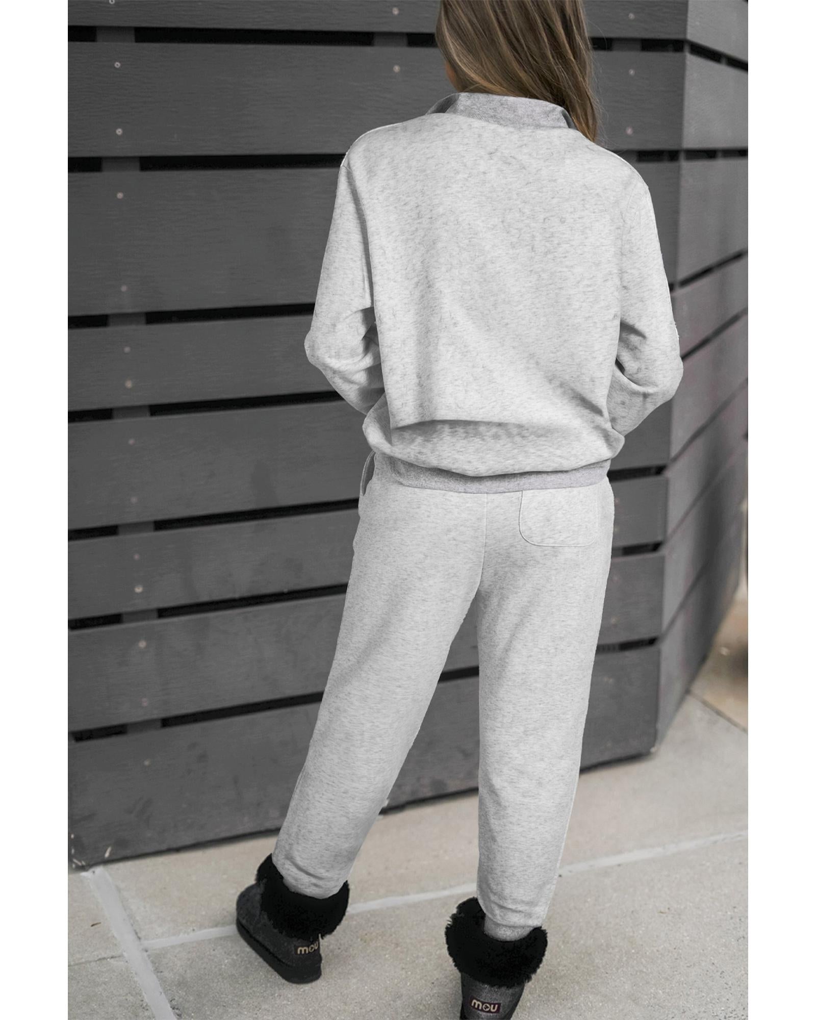 Light Grey Solid Zip Pullover Top and Drawstring Joggers Set - XL 3