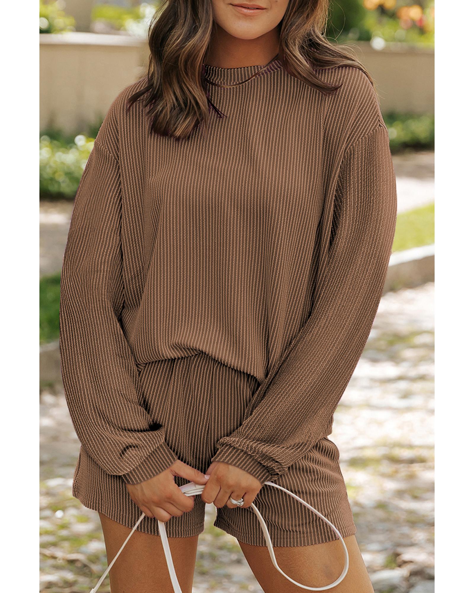 Chestnut Corded Knit Long Sleeve Top and High Waist Shorts Set - L 3