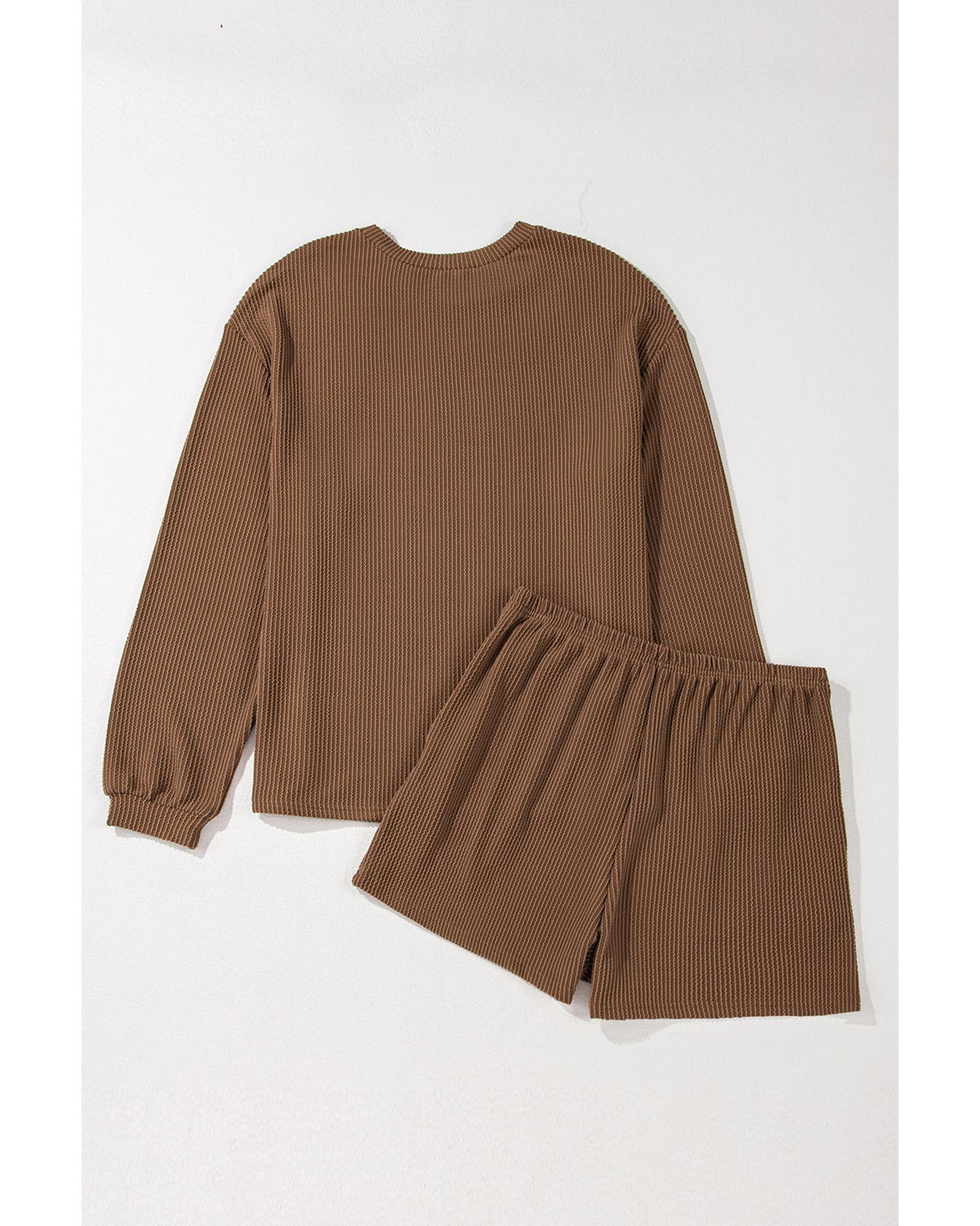 Chestnut Corded Knit Long Sleeve Top and High Waist Shorts Set - L 5