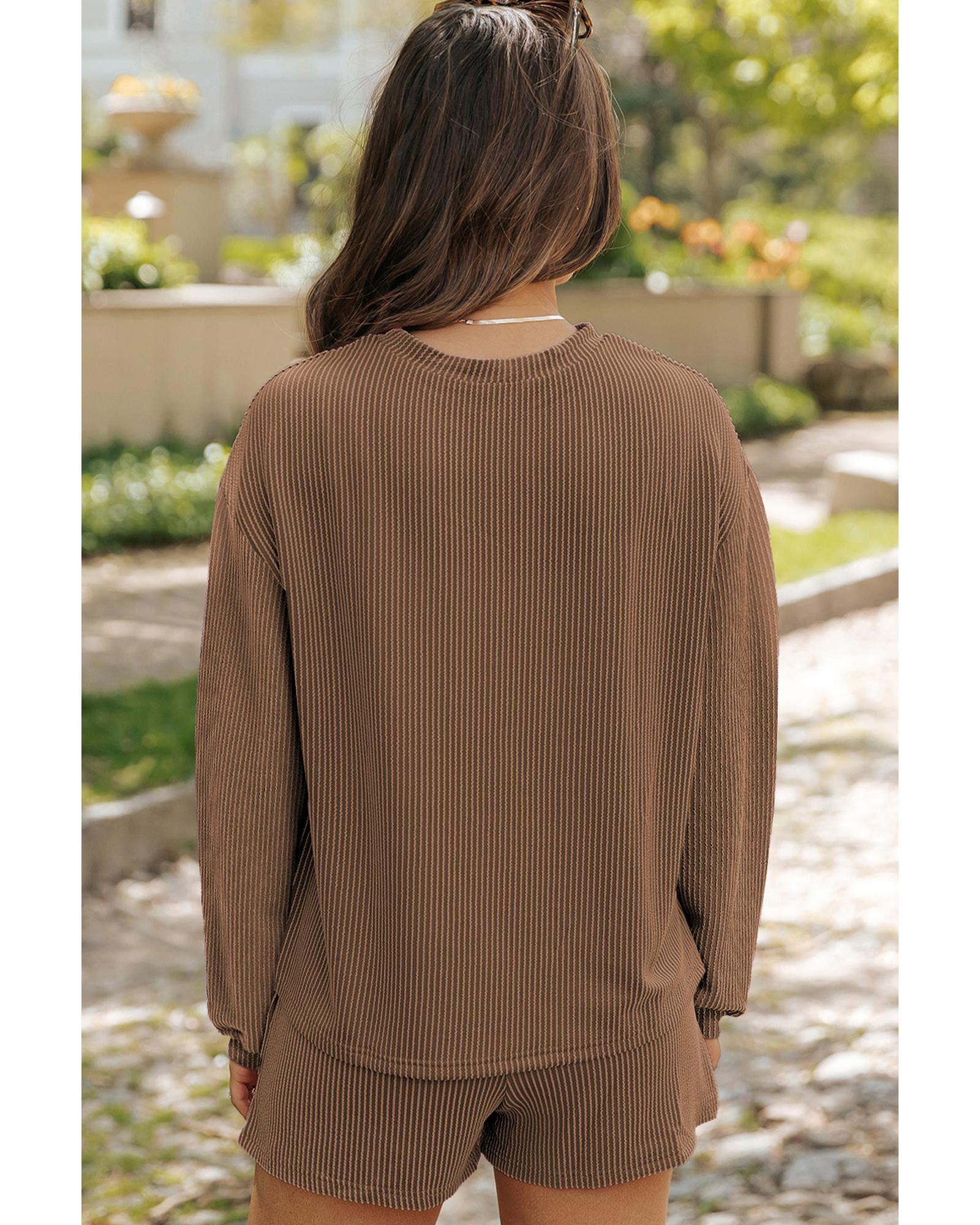 Chestnut Corded Knit Long Sleeve Top and High Waist Shorts Set - XL