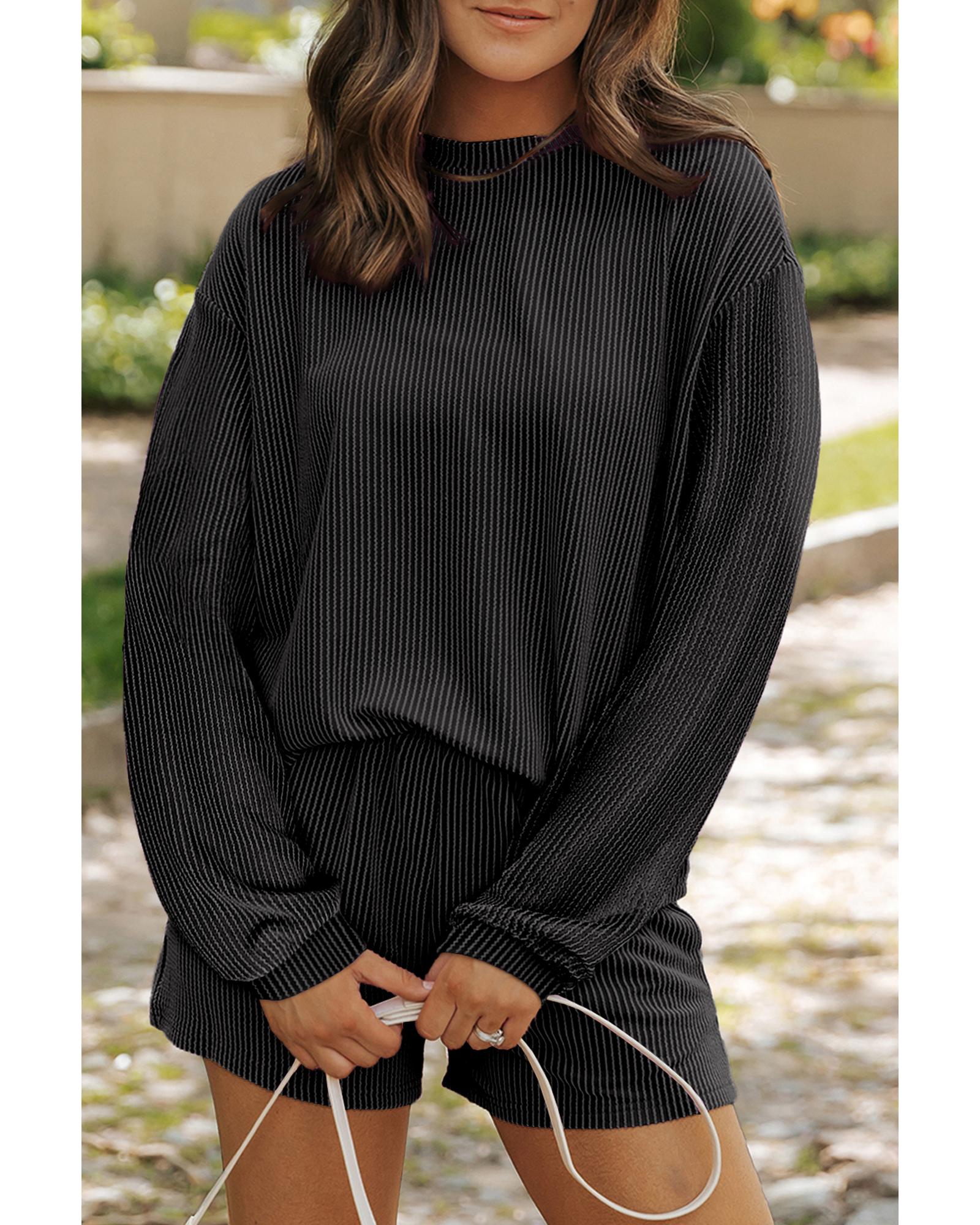 Carbon Grey Corded Knit Long Sleeve Top and High Waist Shorts Set - XL