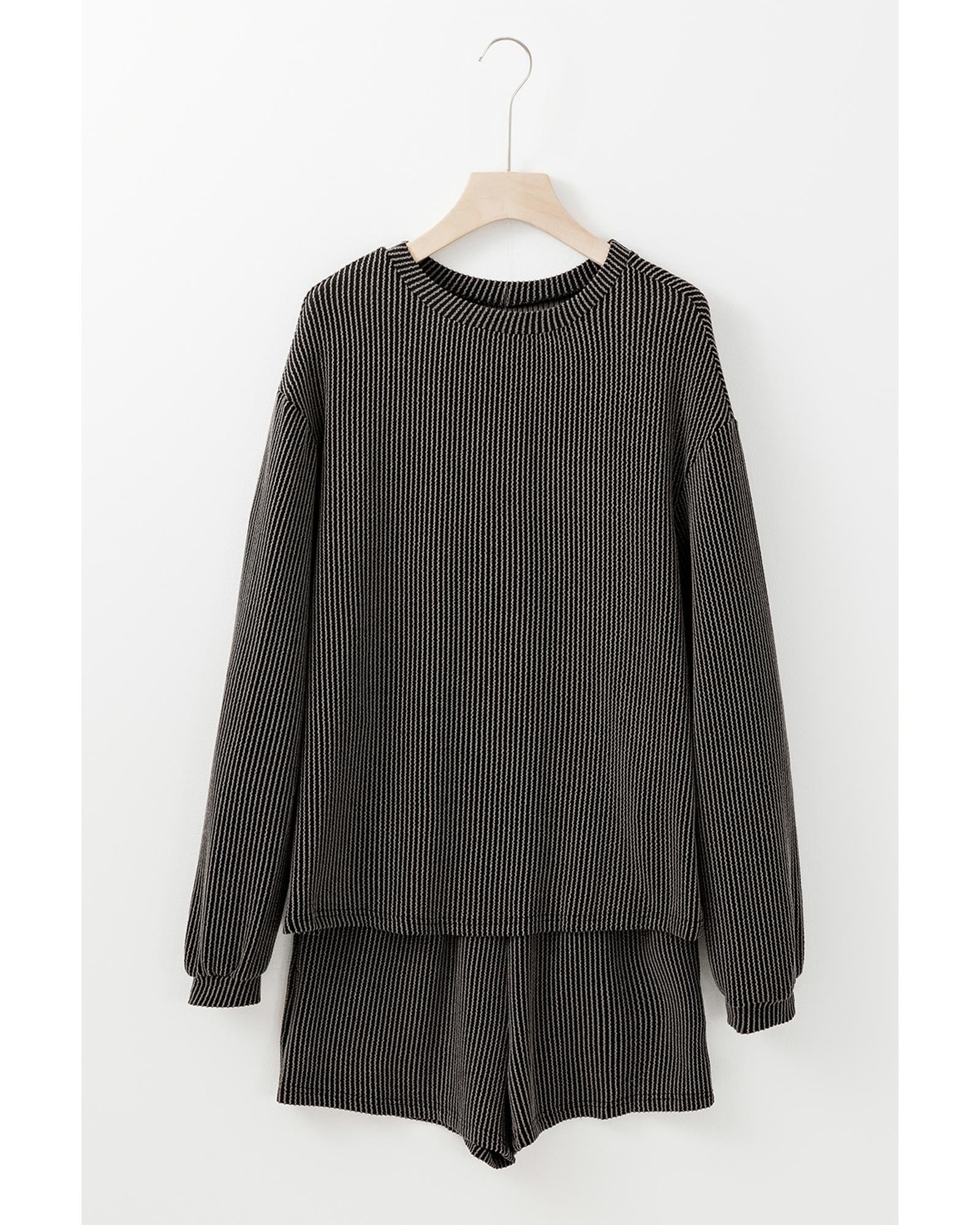 Carbon Grey Corded Knit Long Sleeve Top and High Waist Shorts Set - XL 4