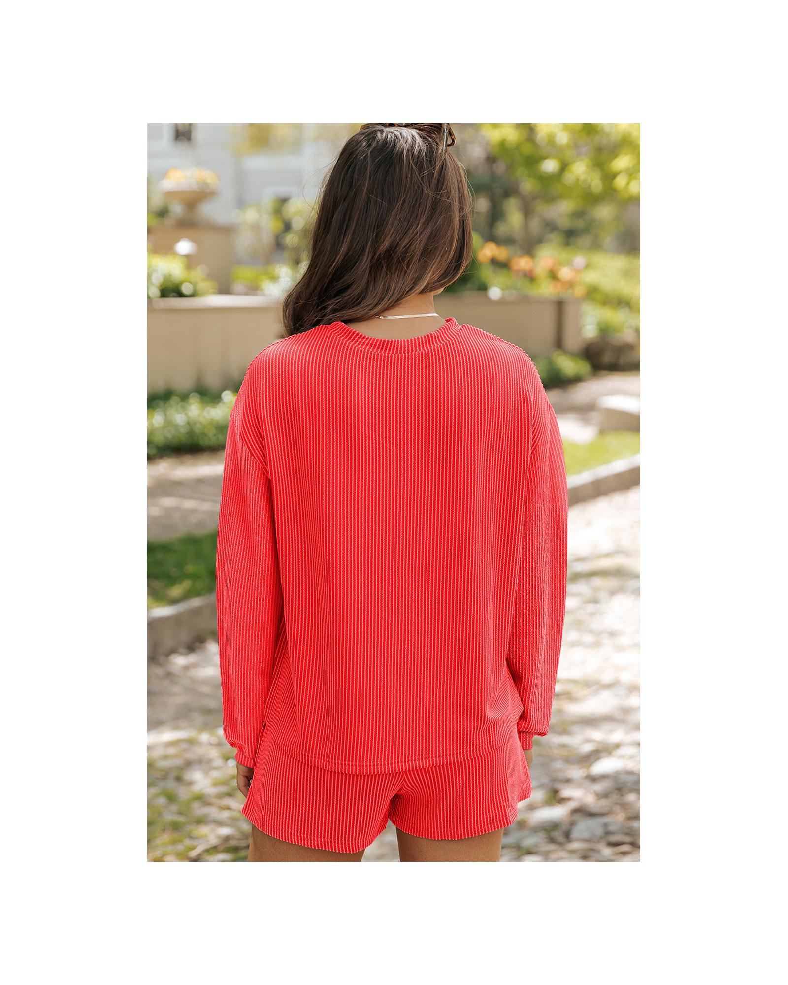 Casual Corded Knit Long Sleeve Top and High Waist Shorts Set - 2XL 4