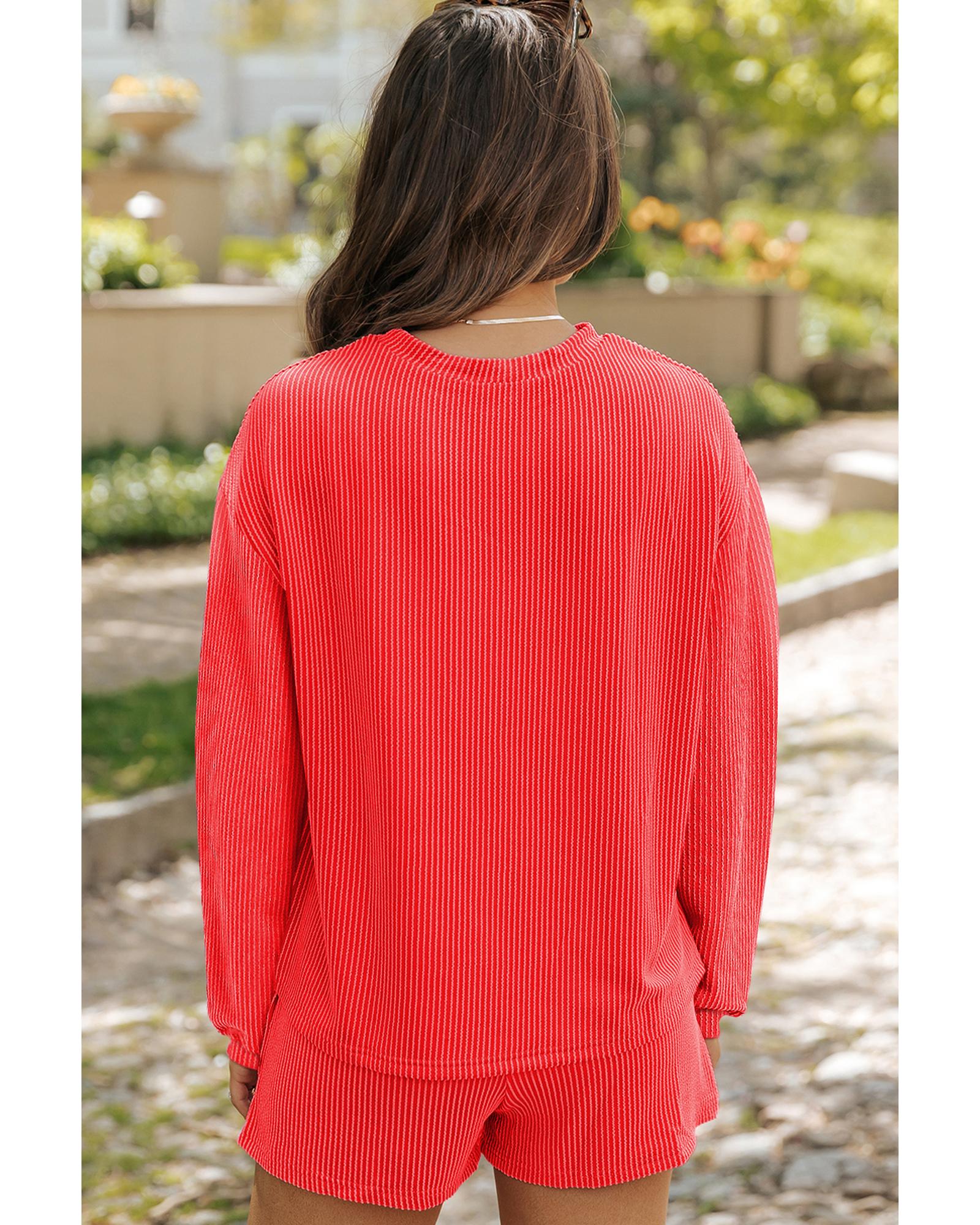 Casual Corded Knit Long Sleeve Top and High Waist Shorts Set - L 4