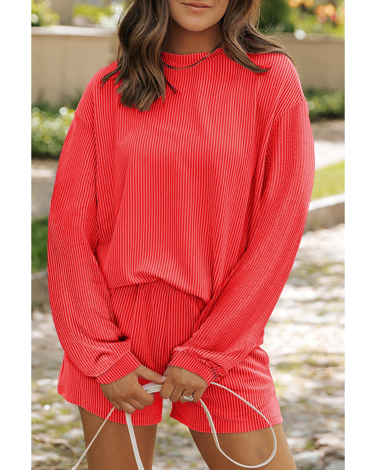 Casual Corded Knit Long Sleeve Top and High Waist Shorts Set - L 8