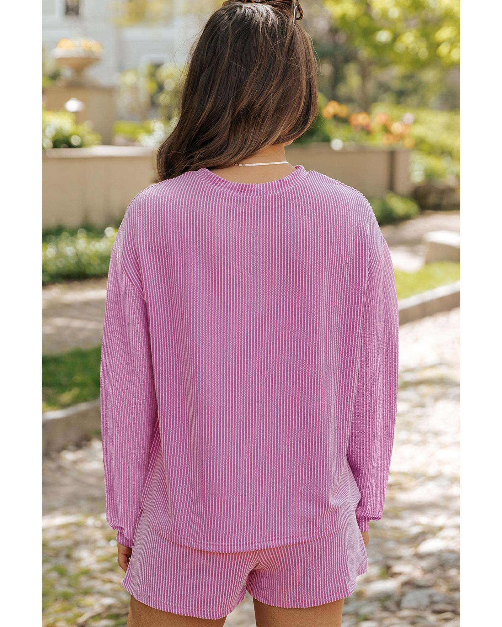 Phalaenopsis Corded Knit Long Sleeve Top and High Waist Shorts Set - XL 3