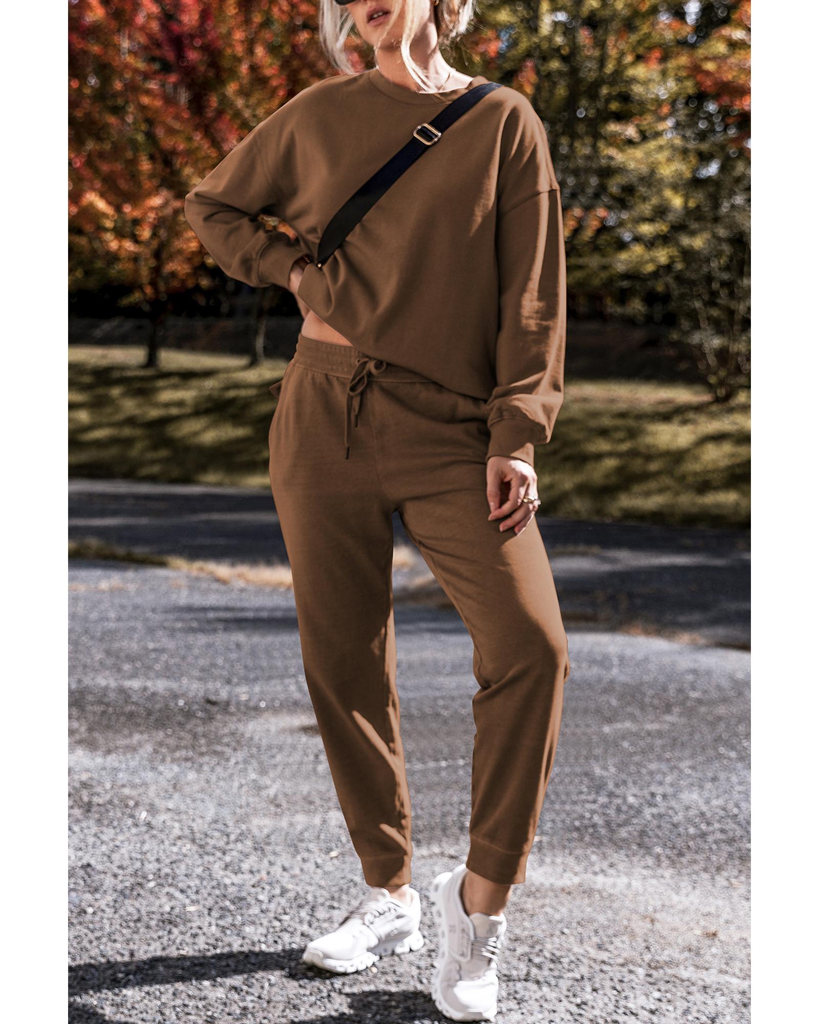 Coffee Solid Color High Low Pullover and Skinny Pants Set - M 3